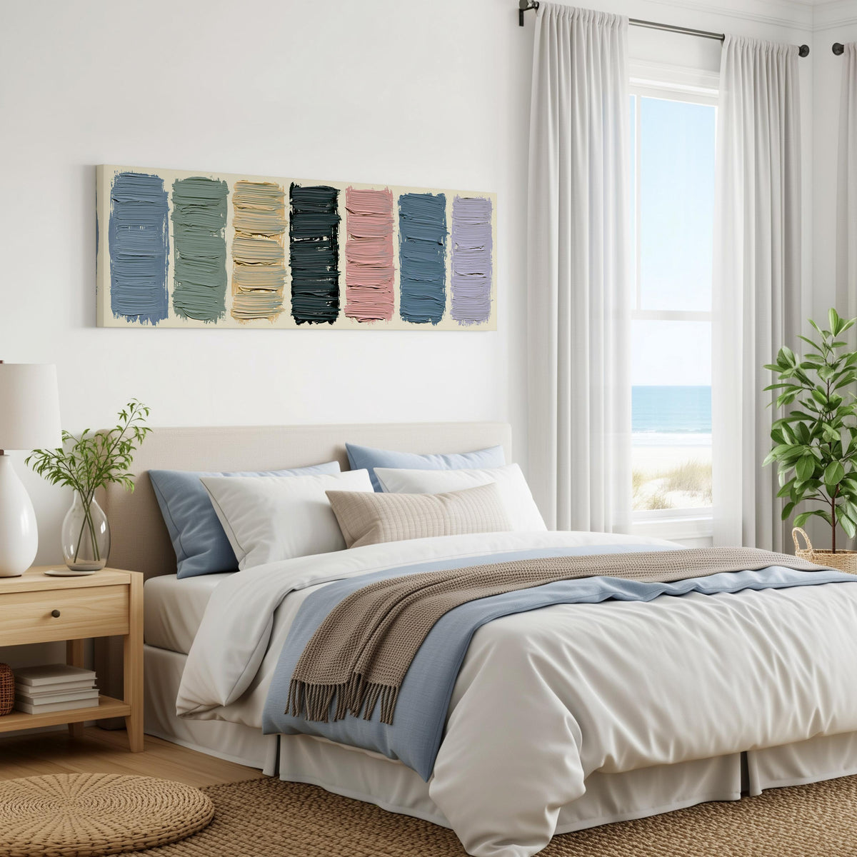 Pastel brushstroke color swatches panoramic canvas print above a bed in a coastal bedroom