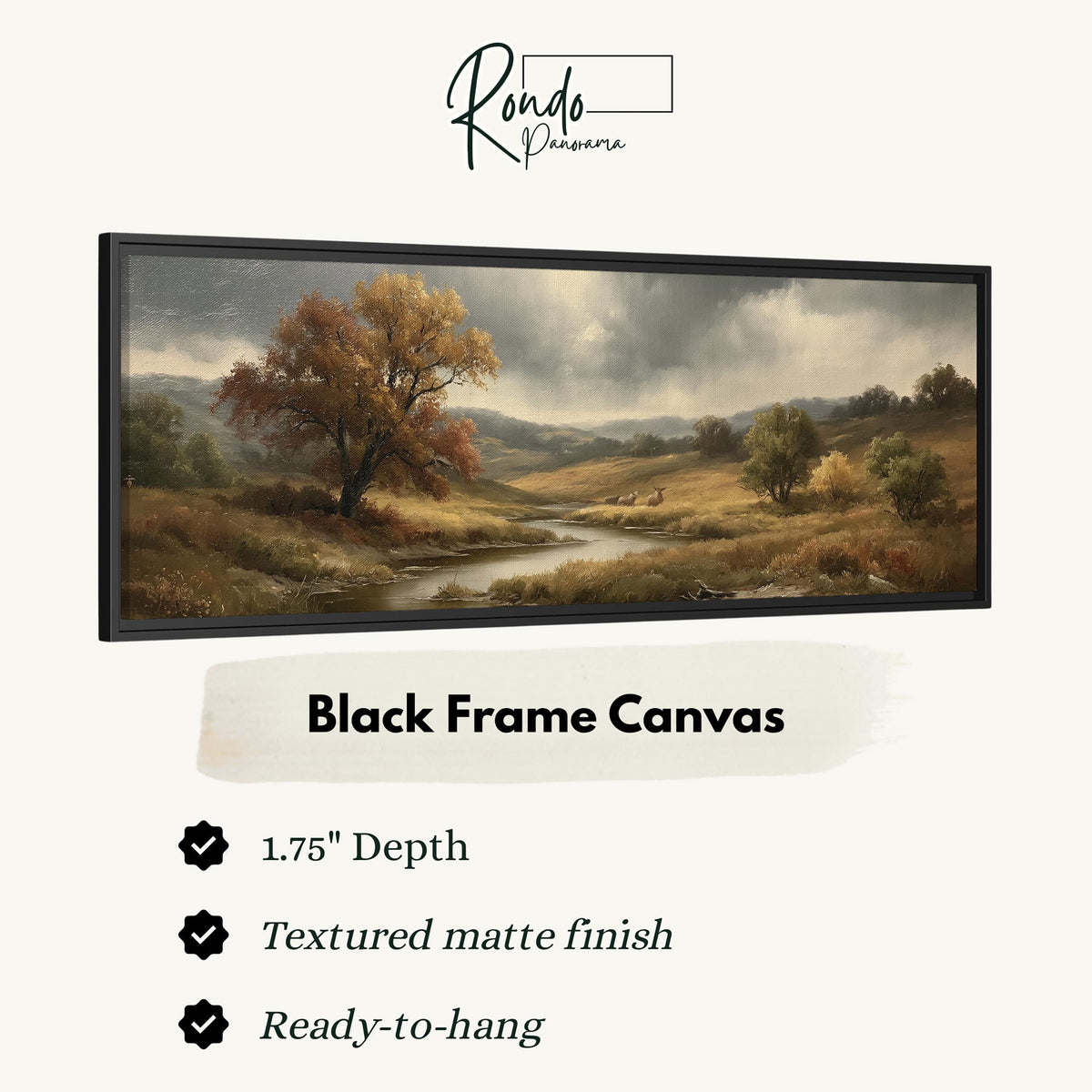 Autumn river valley under a stormy sky canvas print in a black floating frame