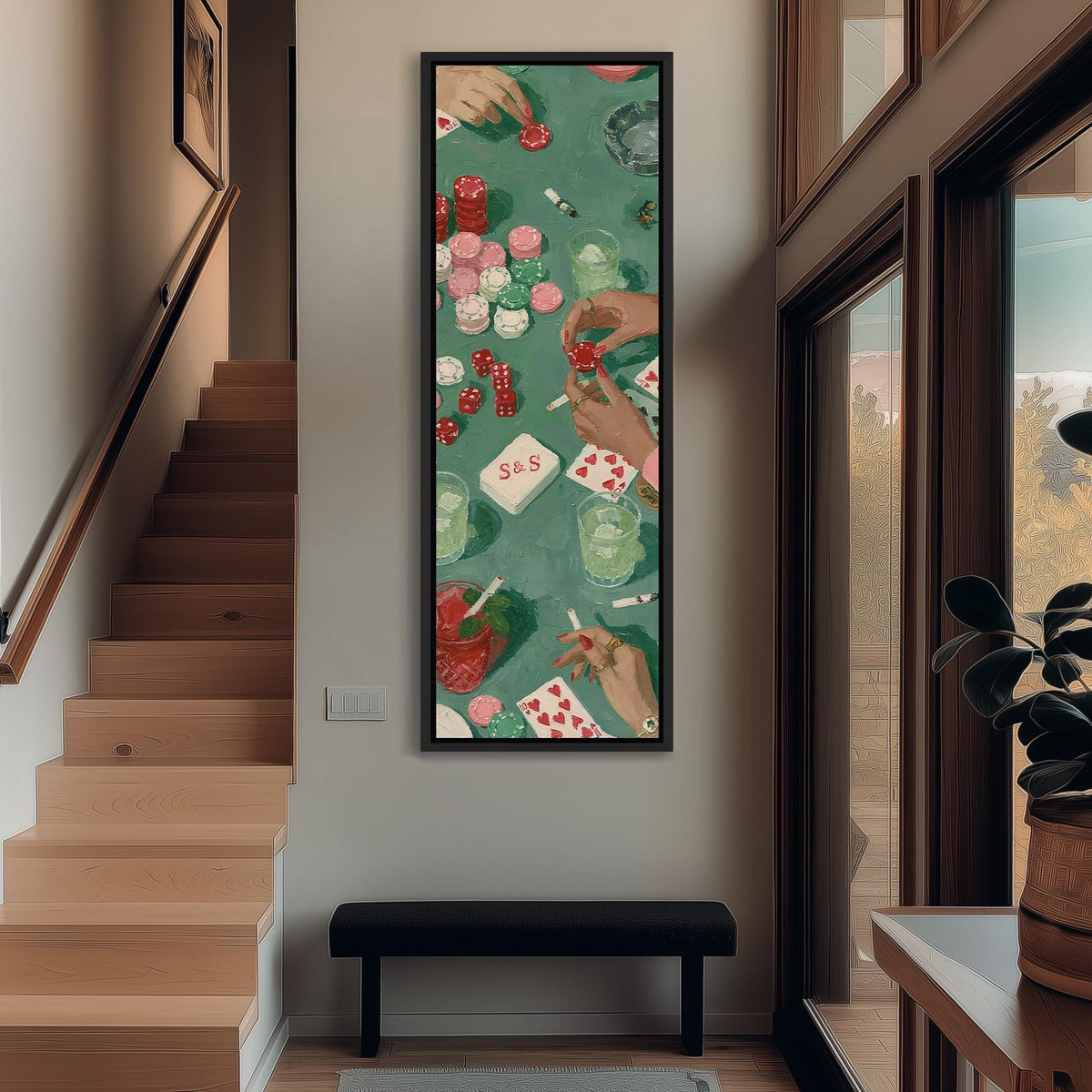 Poker table with chips, cards and dice tall narrow canvas print beside a staircase in an entryway