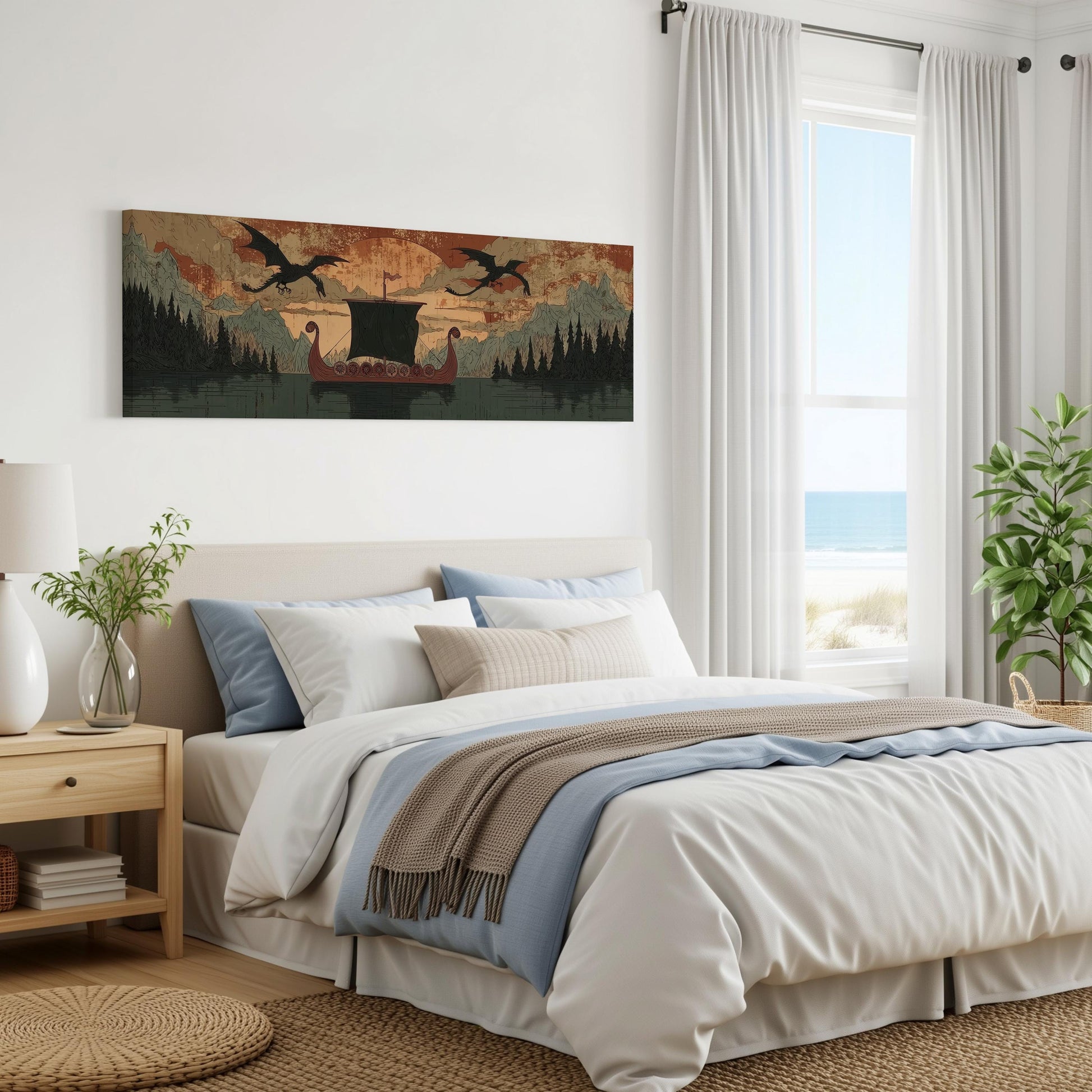 a serene bedroom scene with a large bed, a nightstand, and a painting of a ship sailing on a lake. The painting features a dragon and a castle, creating a whimsical and imaginative atmosphere.