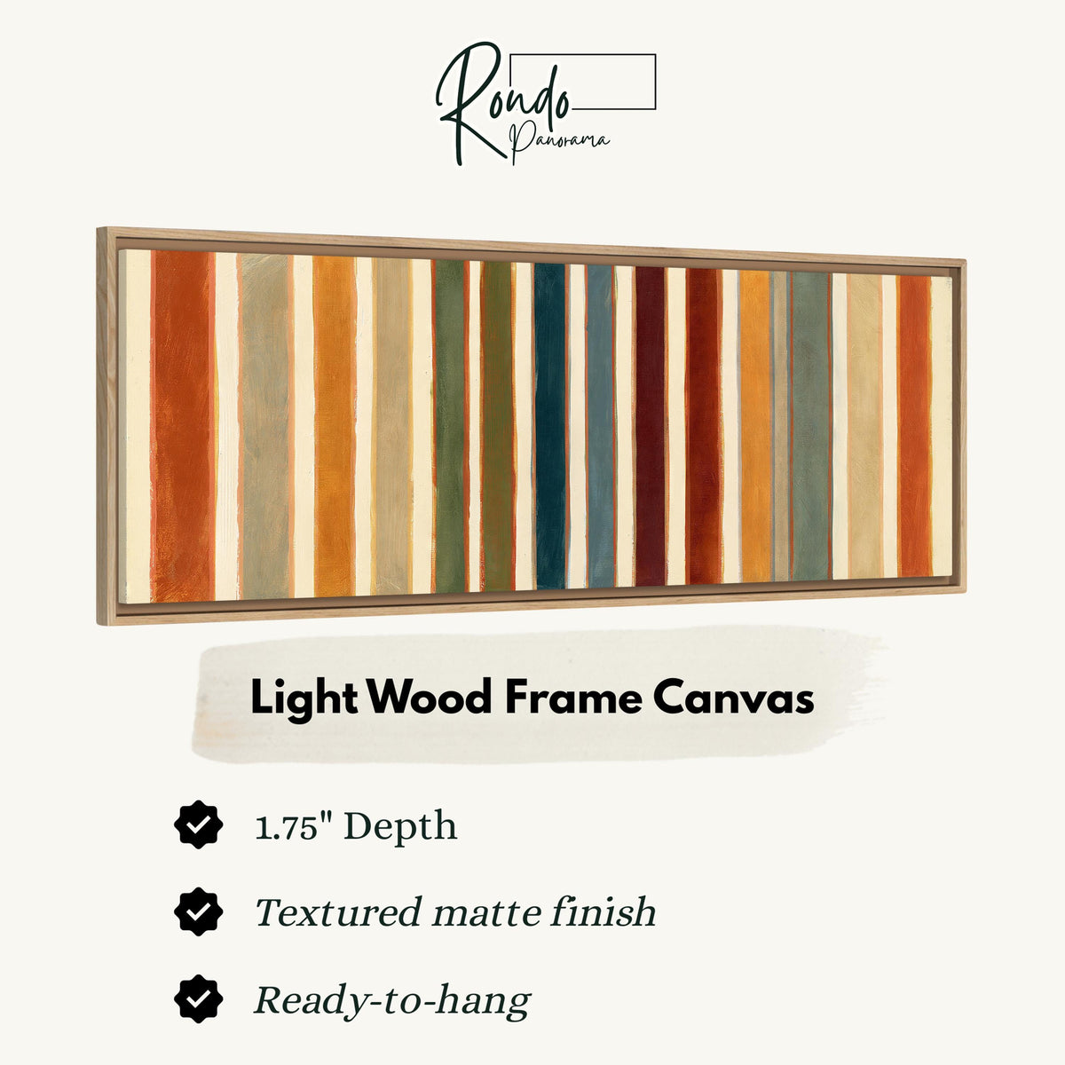 Rust, sage, maroon and teal stripes canvas print in a light wood floating frame