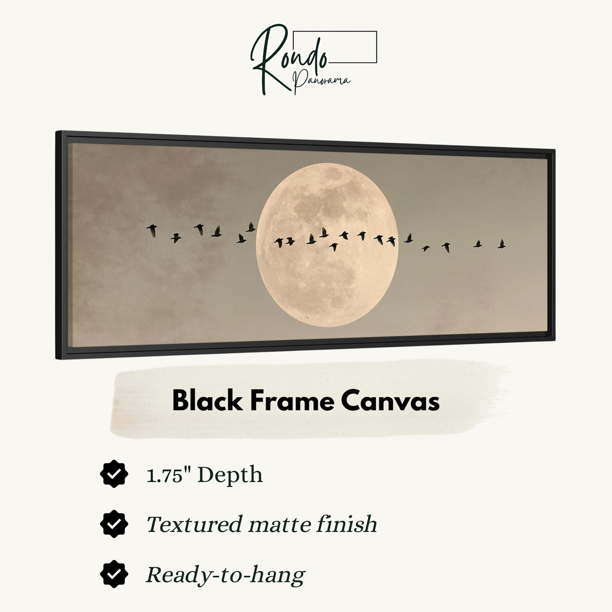 Geese crossing a full moon on grey canvas print in a black floating frame