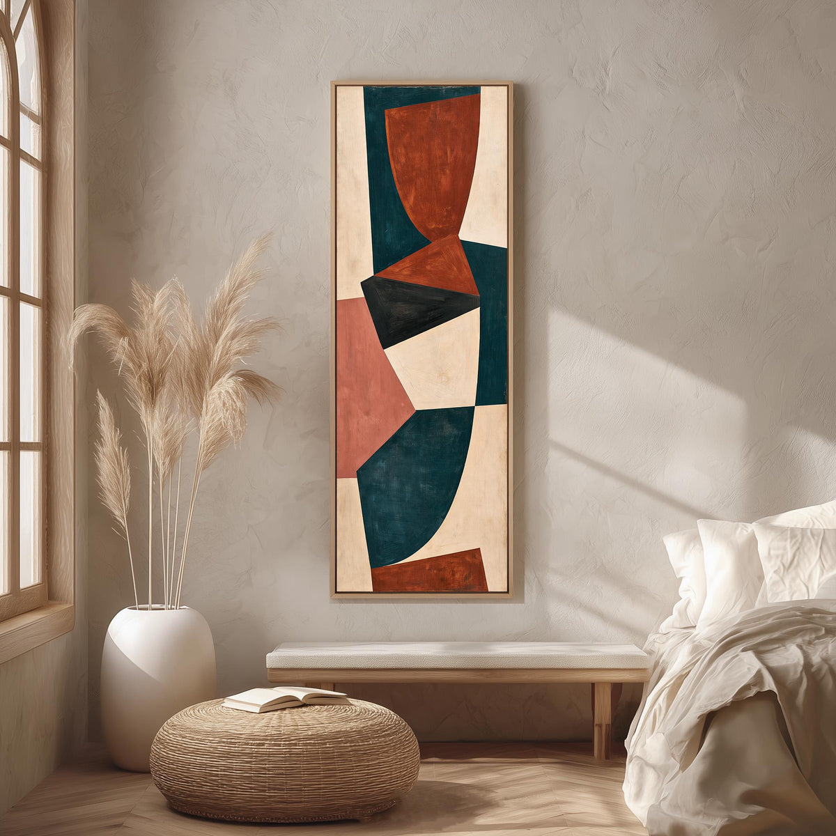 Curved blocks in rust, teal and cream long vertical canvas print in a bright reading corner