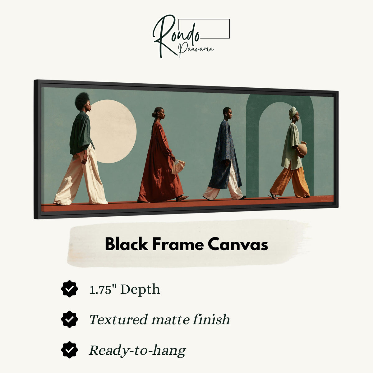 Women walking past arches and a pale moon canvas print in a black floating frame