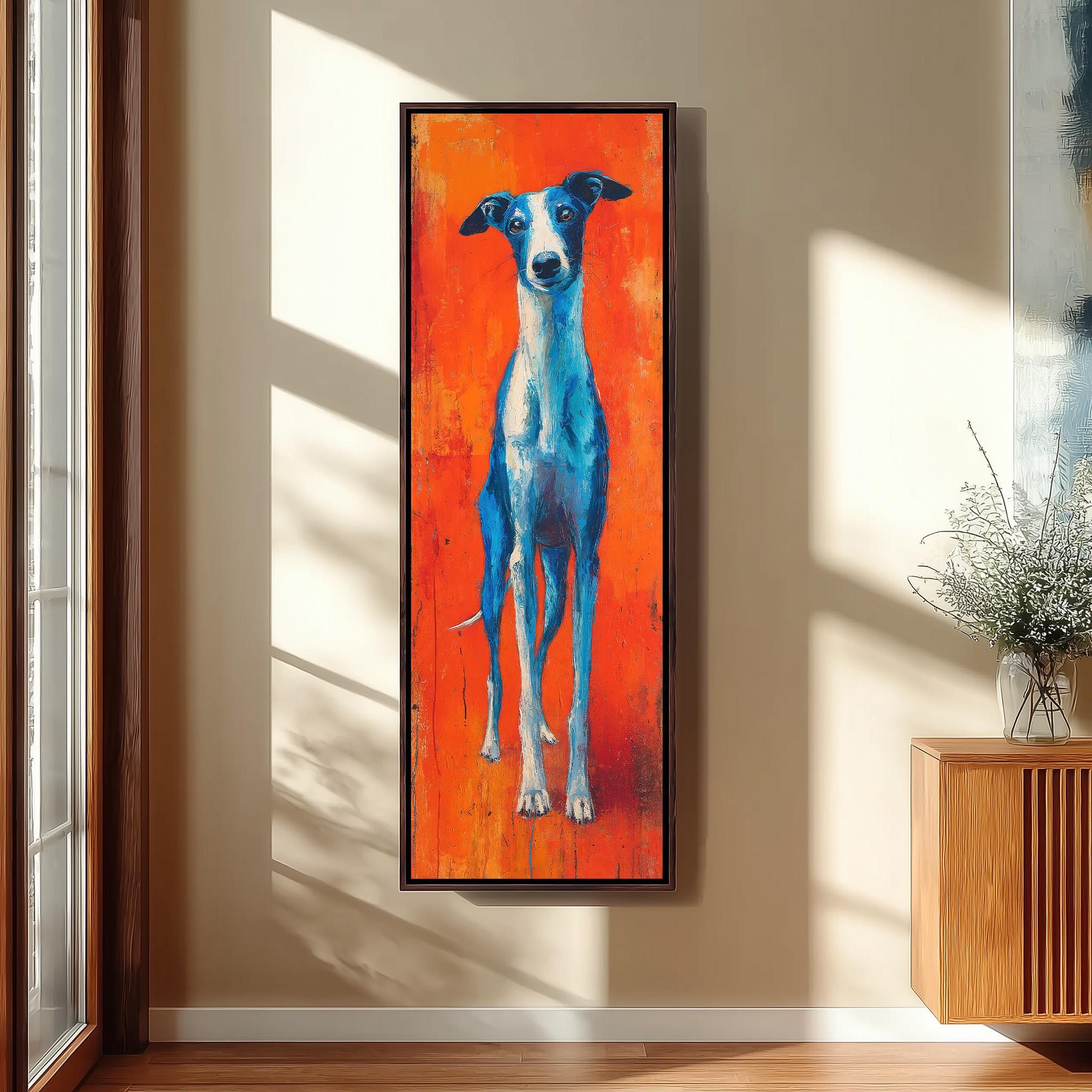 a large, colorful painting of a dog on an orange background, hanging on a wall in a room.