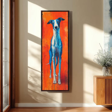 a large, colorful painting of a dog on an orange background, hanging on a wall in a room.