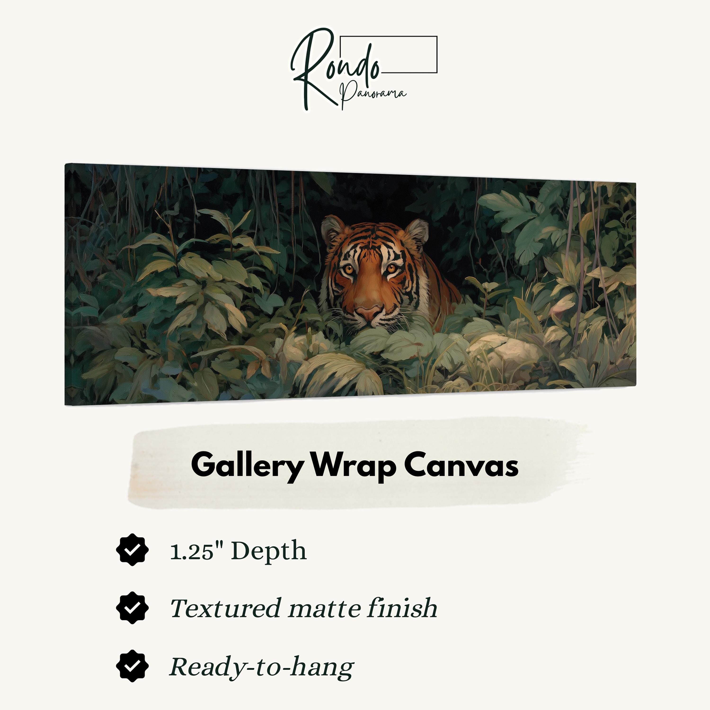 A tiger is peeking out from the foliage in a lush, green jungle environment.