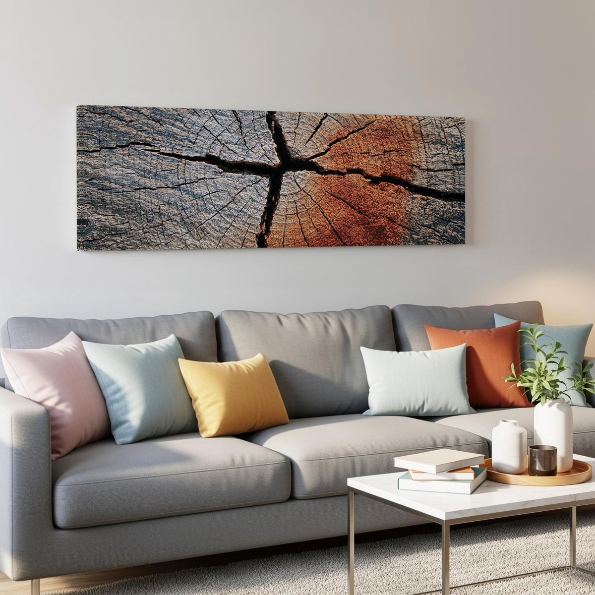 Copper cracked wood grain panoramic canvas print above a grey sofa in a living room