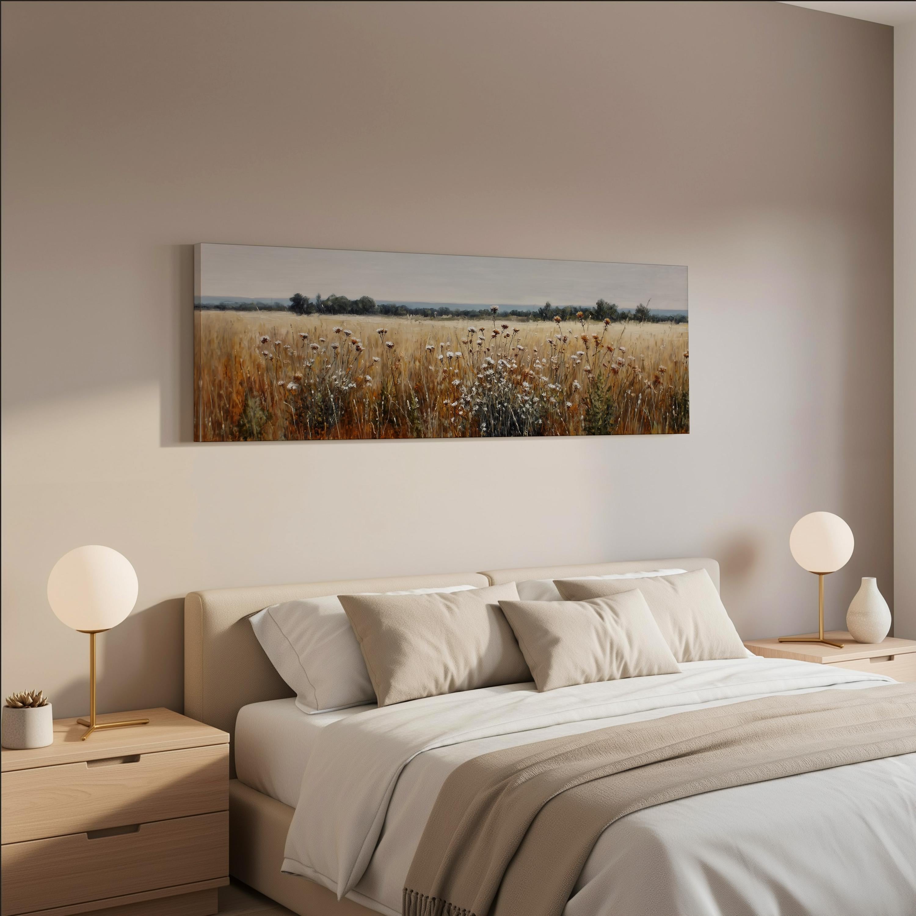 a serene bedroom scene with a large bed adorned with white linens and beige throw pillows. Above the bed, a large painting of a field with tall grass and wildflowers hangs on the wall, creating a peaceful and natural atmosphere. The room is well-lit, with two round table lamps on either side of the bed providing soft, ambient lighting.