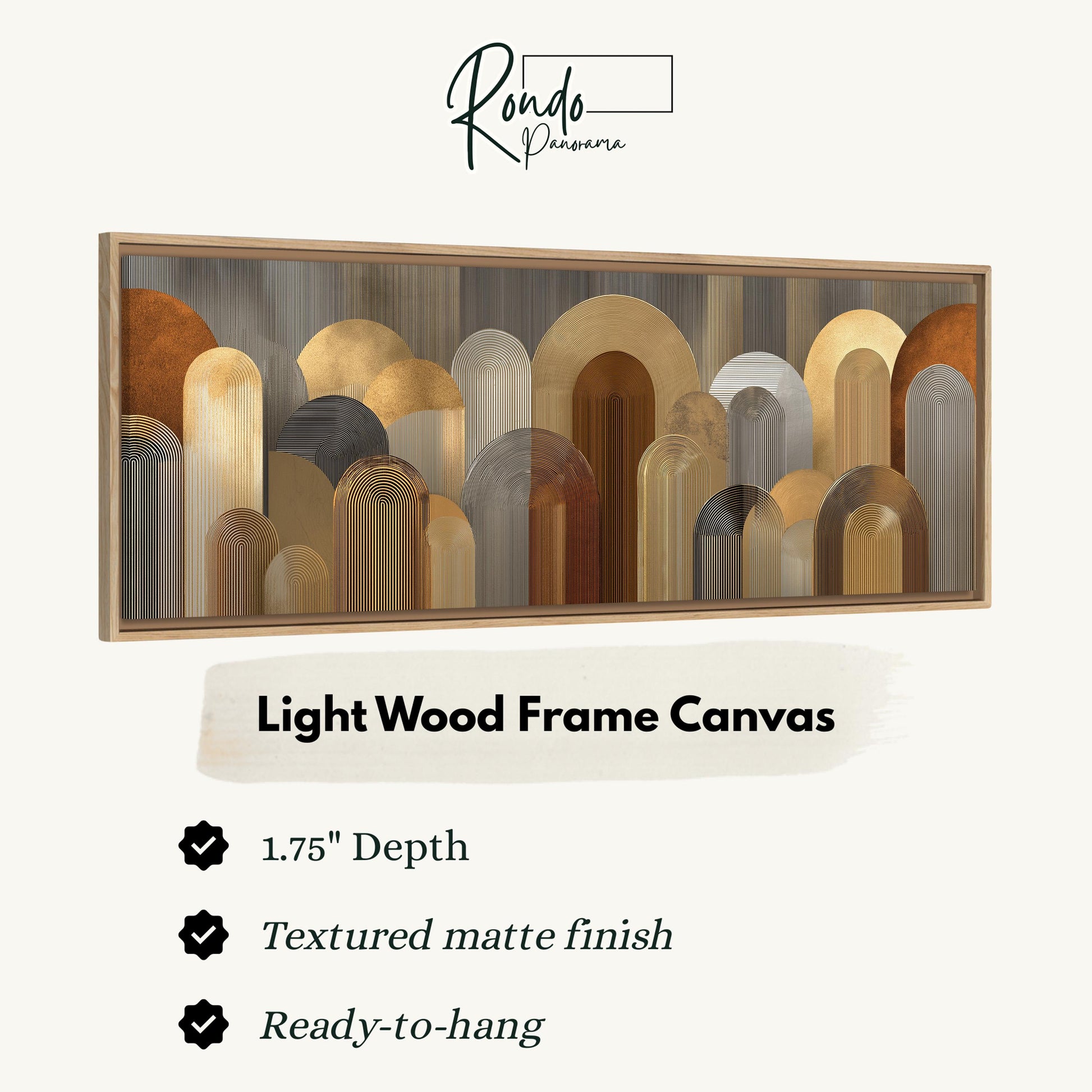 The image is a light wood frame canvas with a textured matte finish, measuring 1.75" in depth. It is ready to hang and has a textured matte finish.