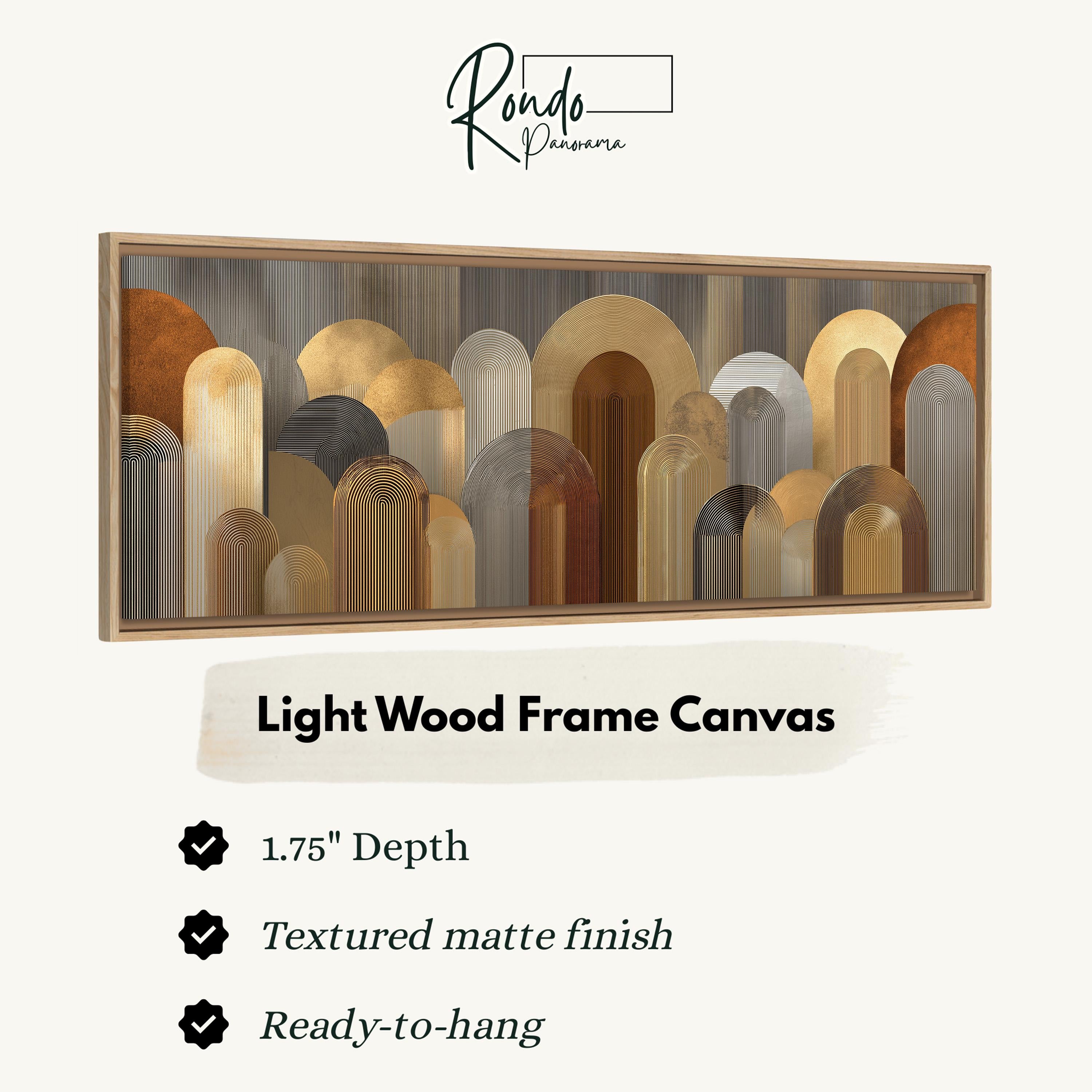 The image is a light wood frame canvas with a textured matte finish, measuring 1.75" in depth. It is ready to hang and has a textured matte finish.