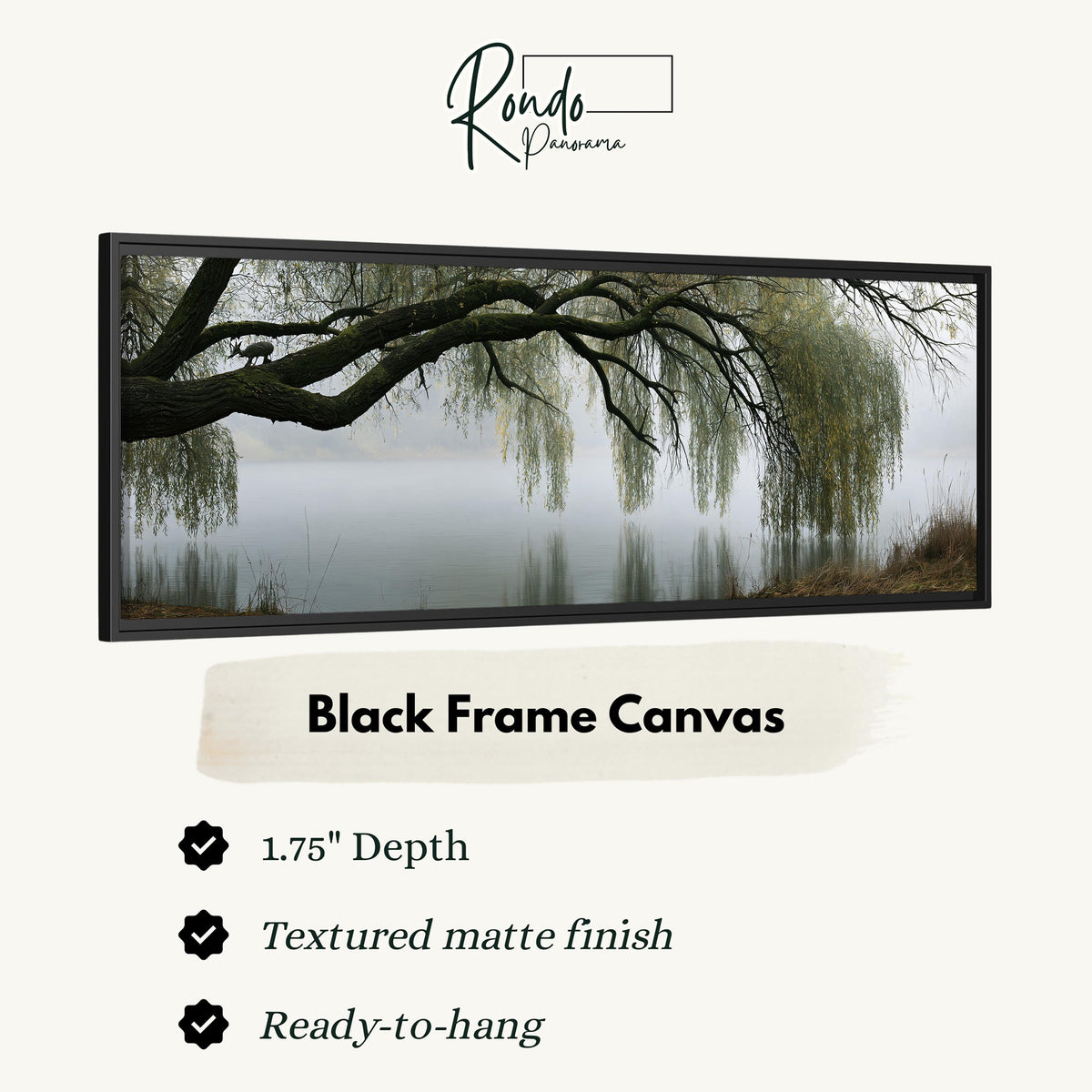Weeping willow over a misty lake canvas print in a black floating frame