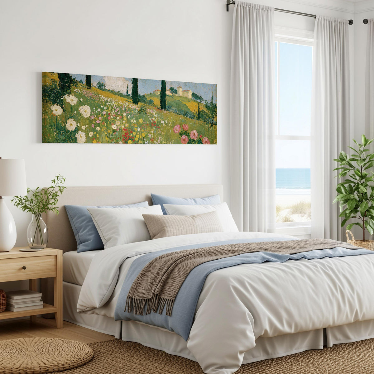 Tuscan wildflower hillside with cypress trees panoramic canvas print above a bed in a coastal bedroom