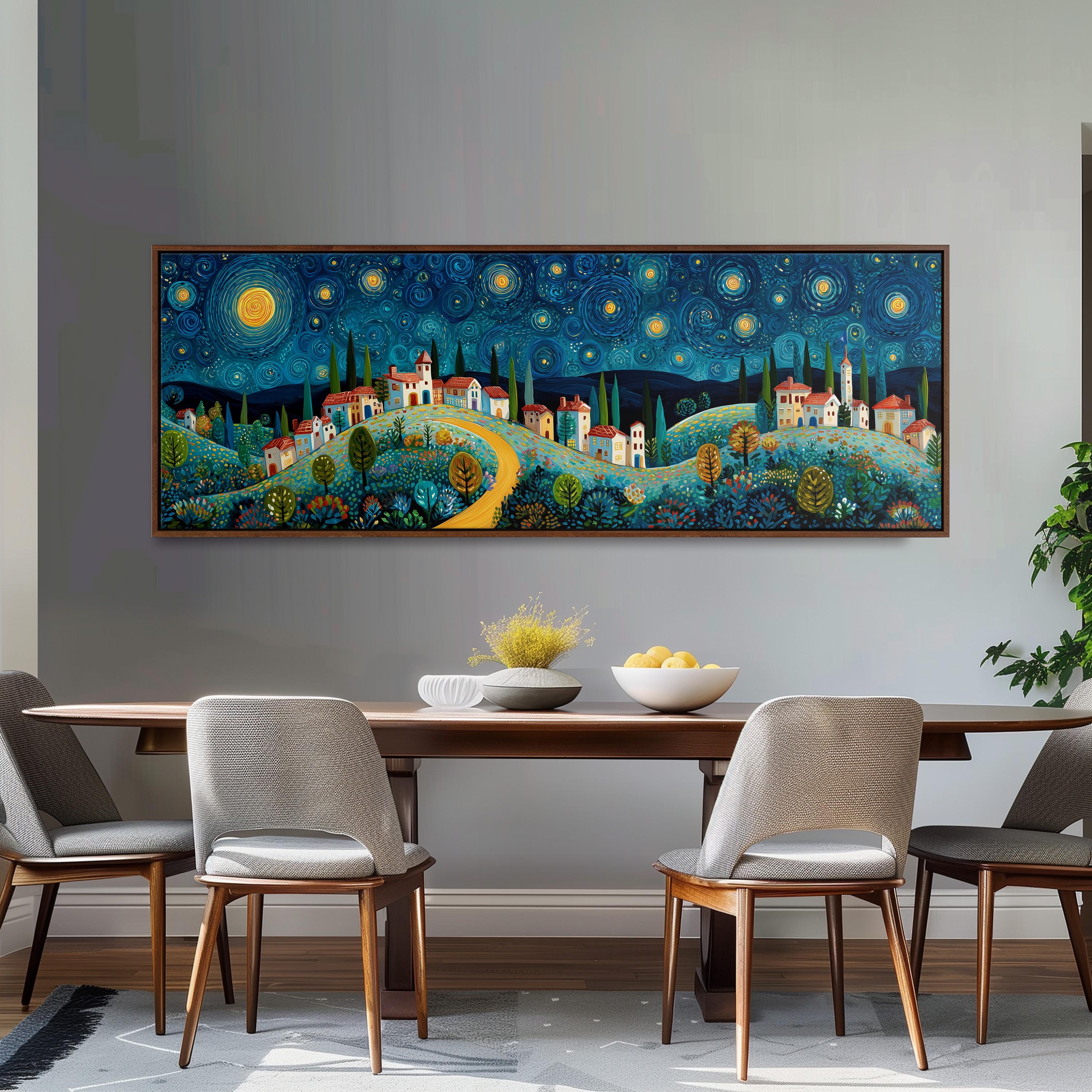 a large, colorful painting of a village scene hanging on a wall above a wooden dining table with four chairs.