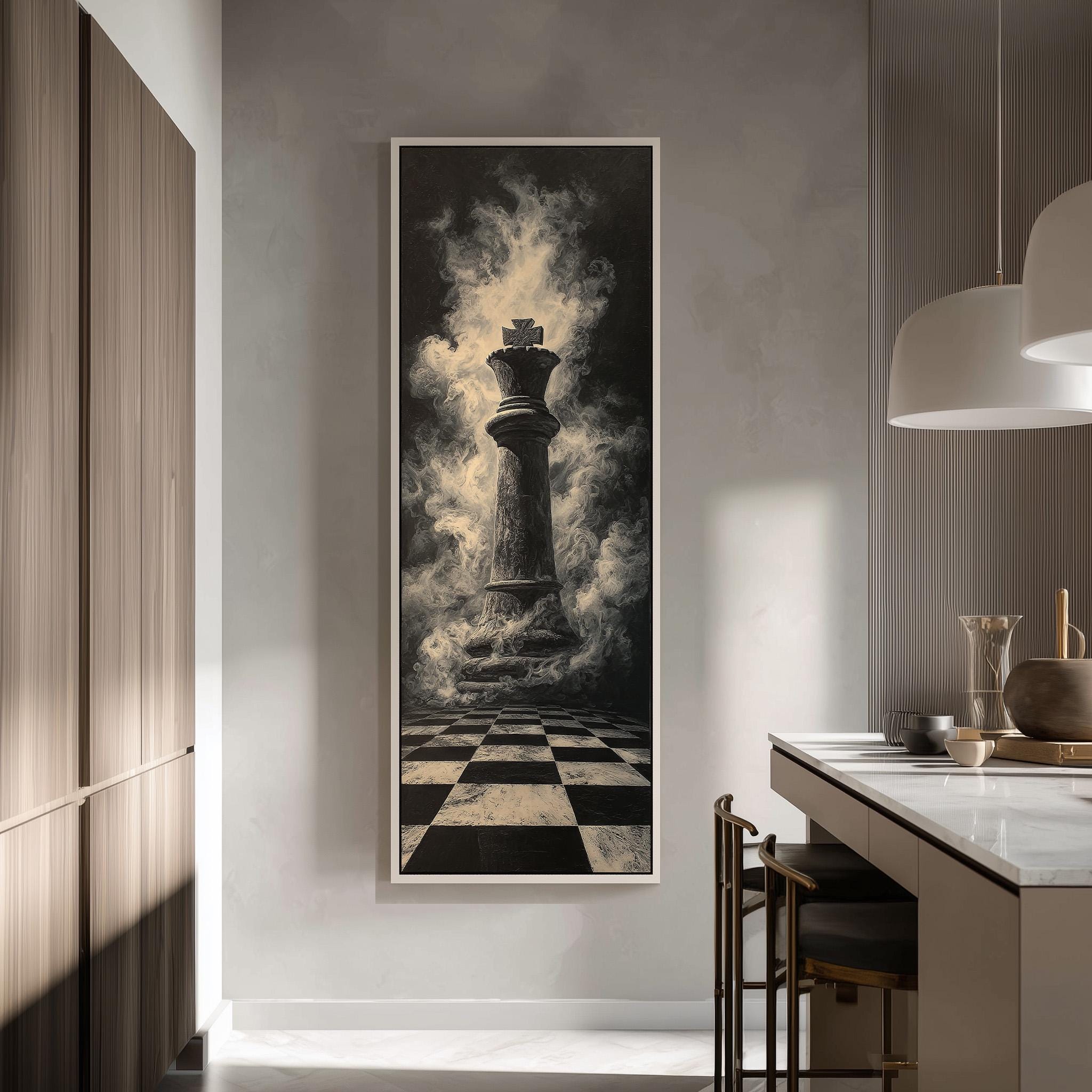 a large black and white painting of a chess king on a checkered board, hanging on a wall in a modern kitchen.
