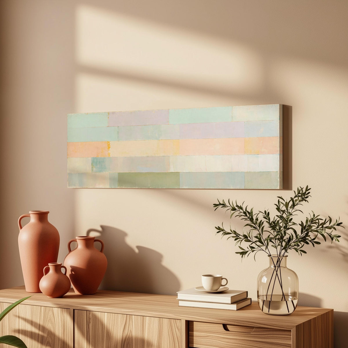 Soft lilac, mint and butter color bands long horizontal canvas print above a wooden sideboard
