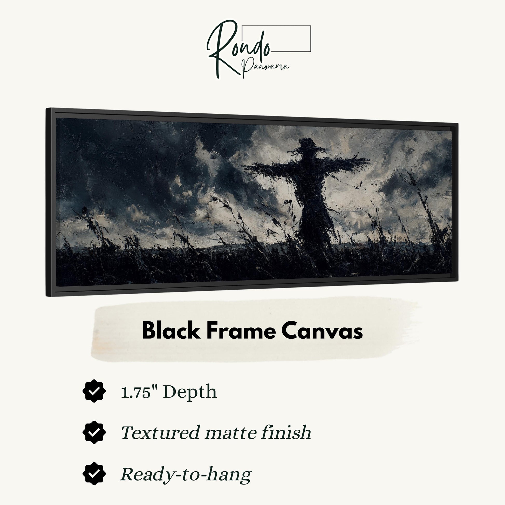 The image is a black frame canvas depicting a silhouette of a scarecrow standing in a field with a cloudy sky in the background.