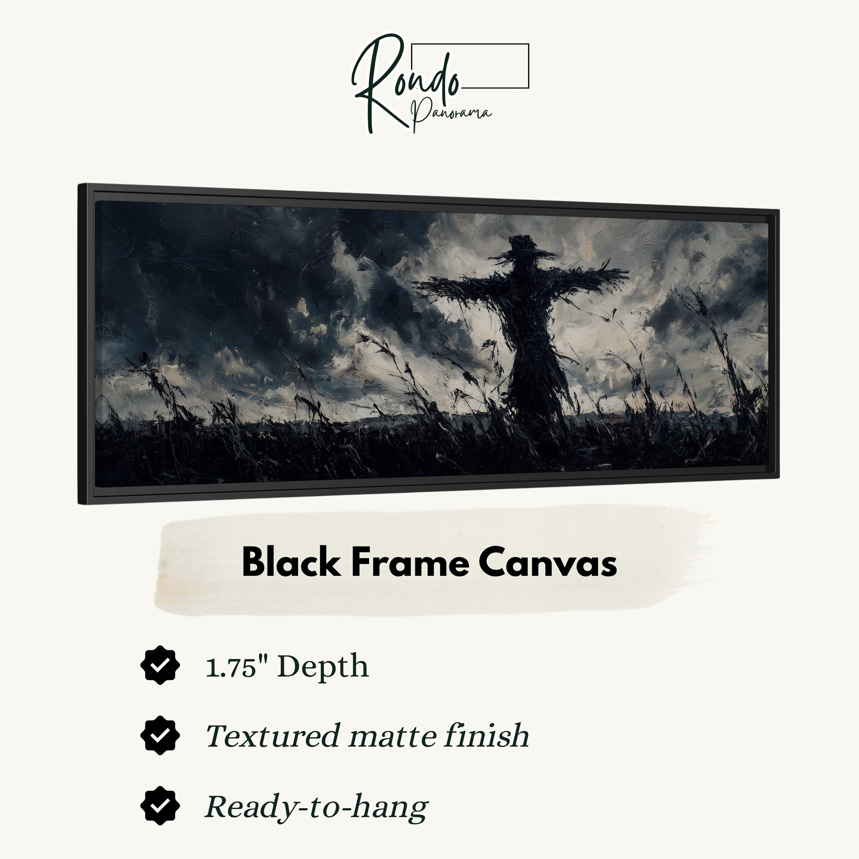 The image is a black frame canvas depicting a silhouette of a scarecrow standing in a field with a cloudy sky in the background.