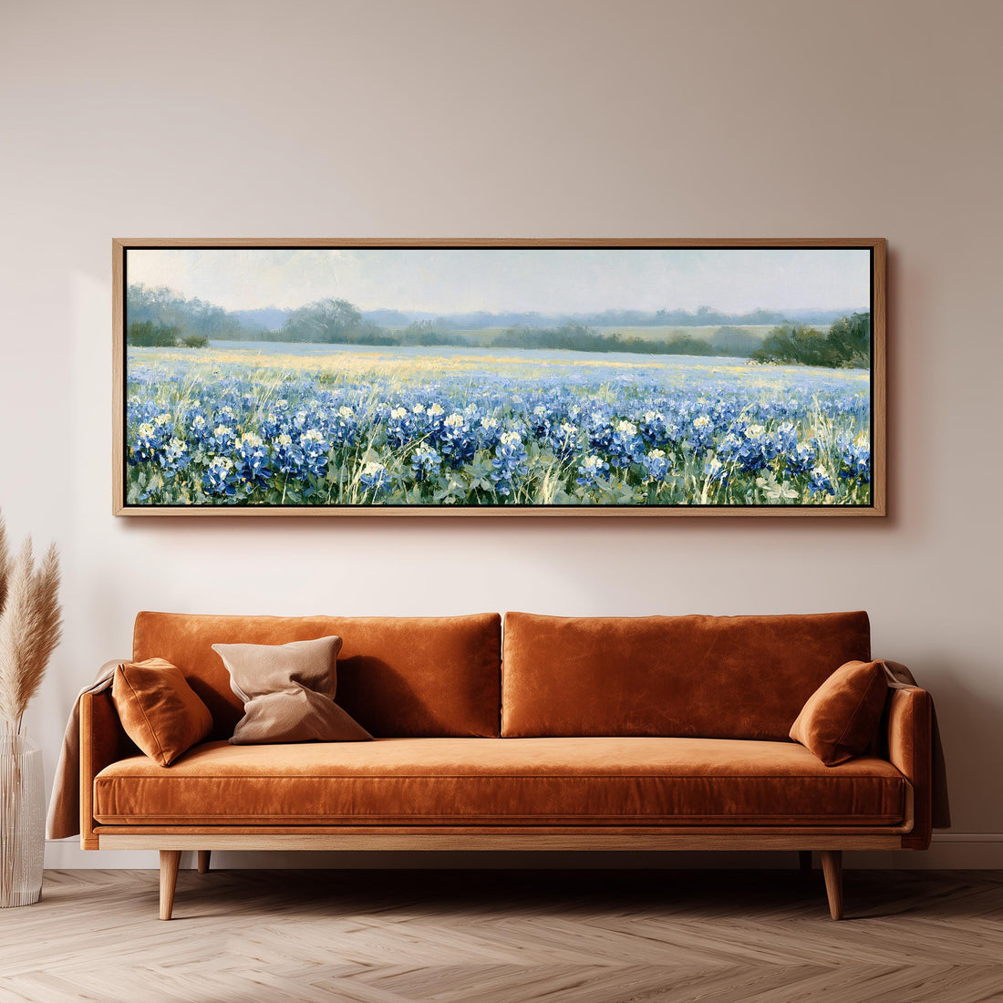 Field of bluebonnets long horizontal canvas print above a sofa in a living room