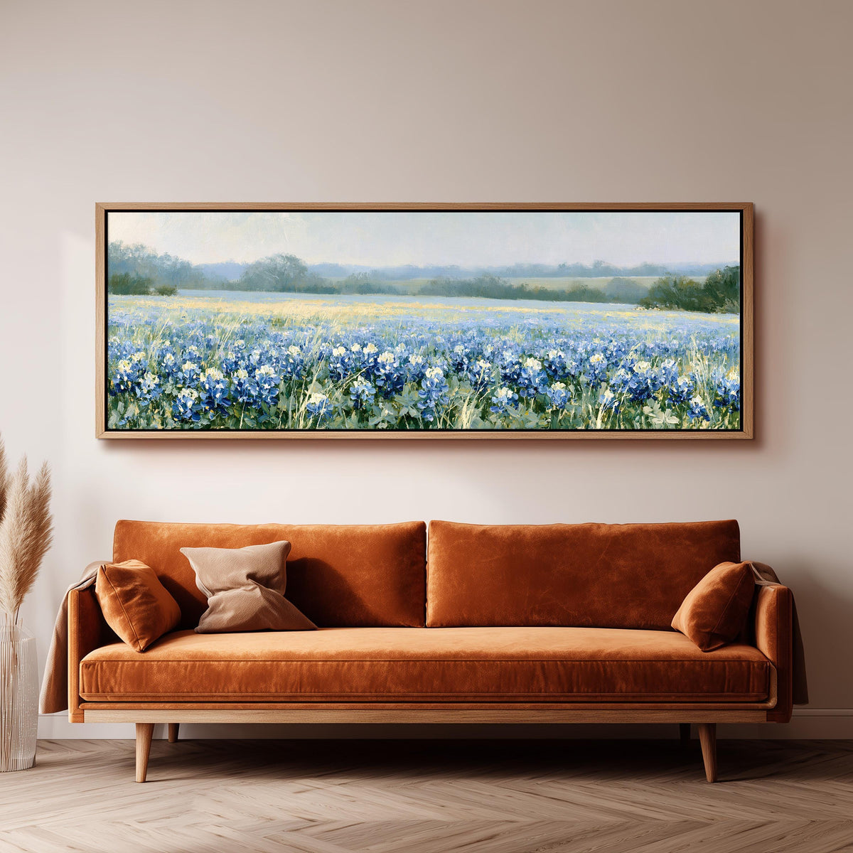 Field of bluebonnets panoramic canvas print above a sofa in a living room