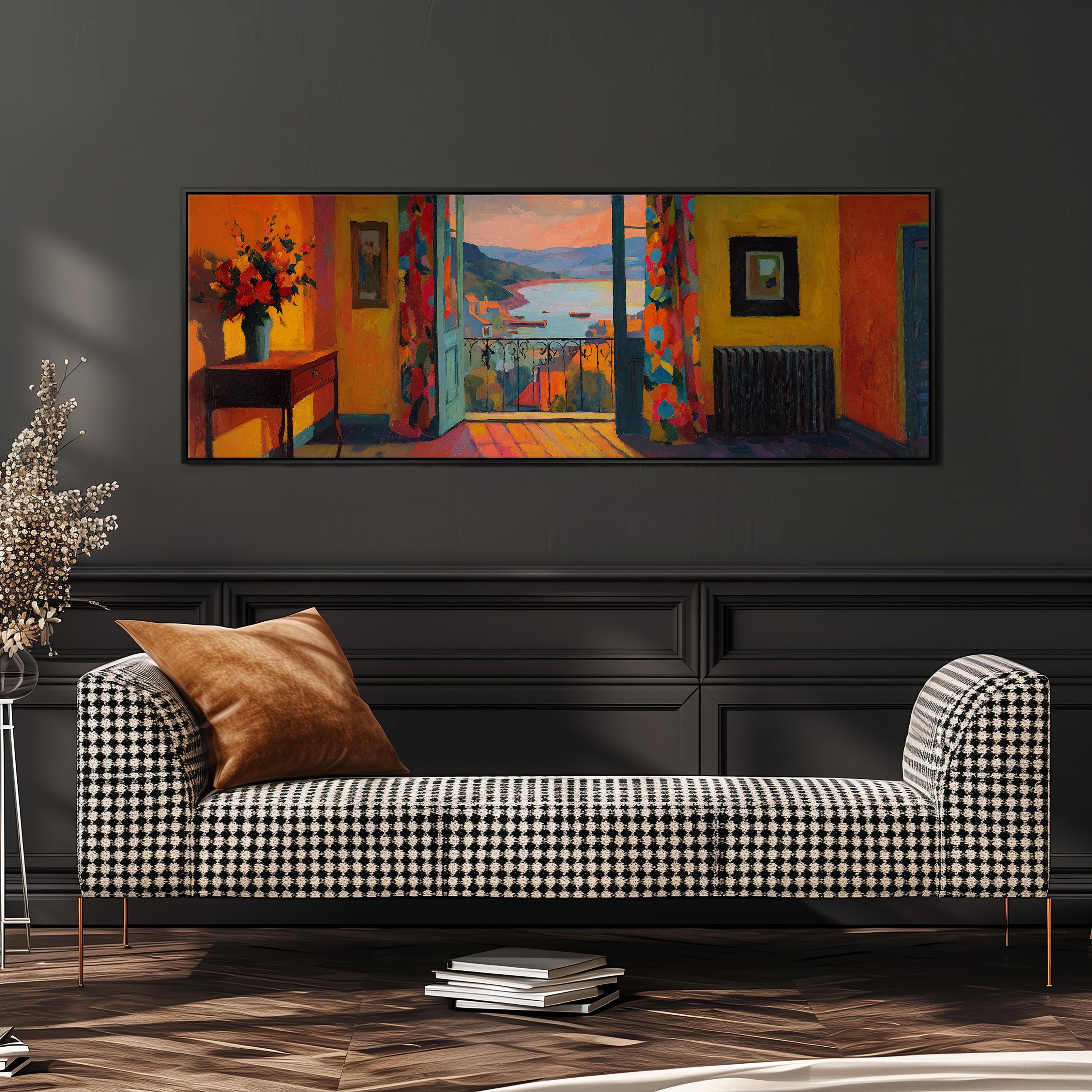 a large, colorful painting of a room with a window overlooking a scenic view, hanging on a wall above a black and white checkered sofa.