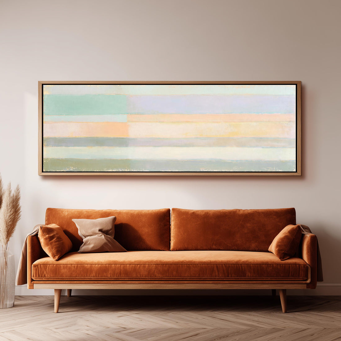 Mint, lavender and peach pastel bands long horizontal canvas print above a sofa in a living room