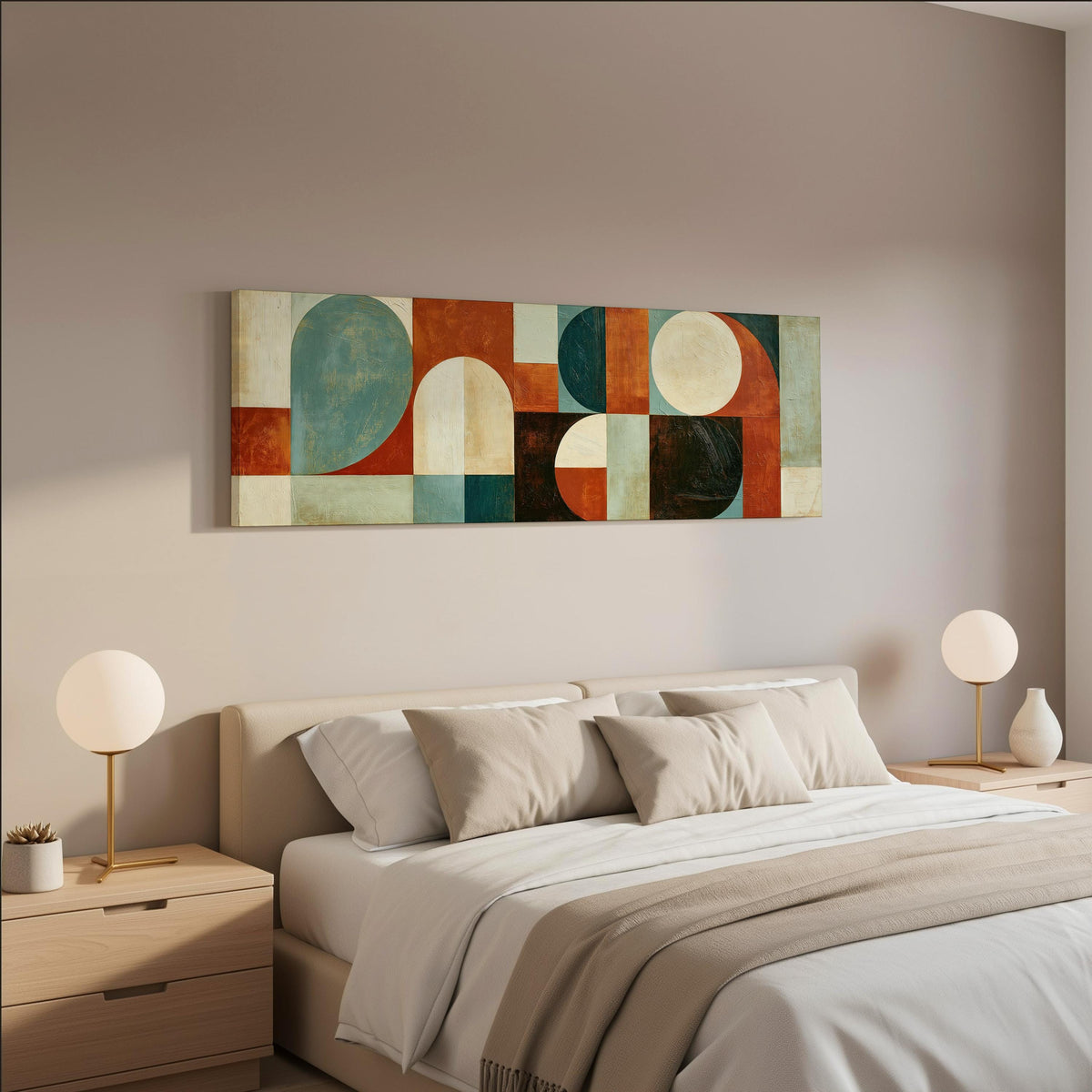 Teal and rust arch and circle shapes wide panoramic canvas print above a bed in a neutral bedroom