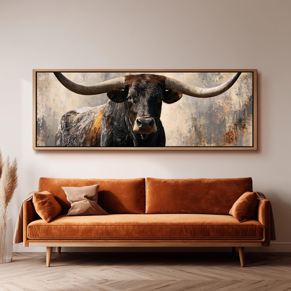 Longhorn bull portrait panoramic canvas print above a sofa in a living room