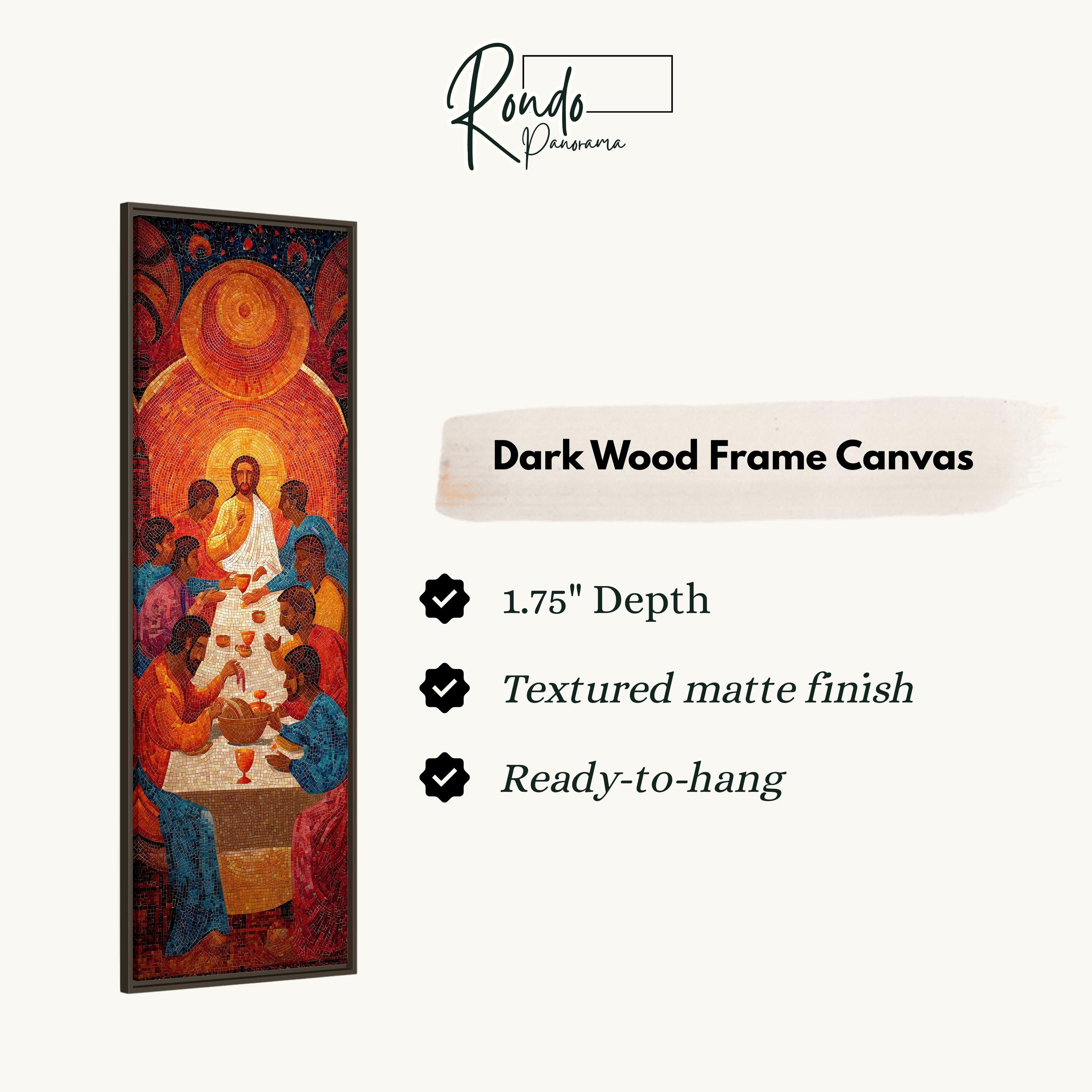 The image is a dark wood frame canvas depicting a religious scene with Jesus Christ and his twelve apostles.