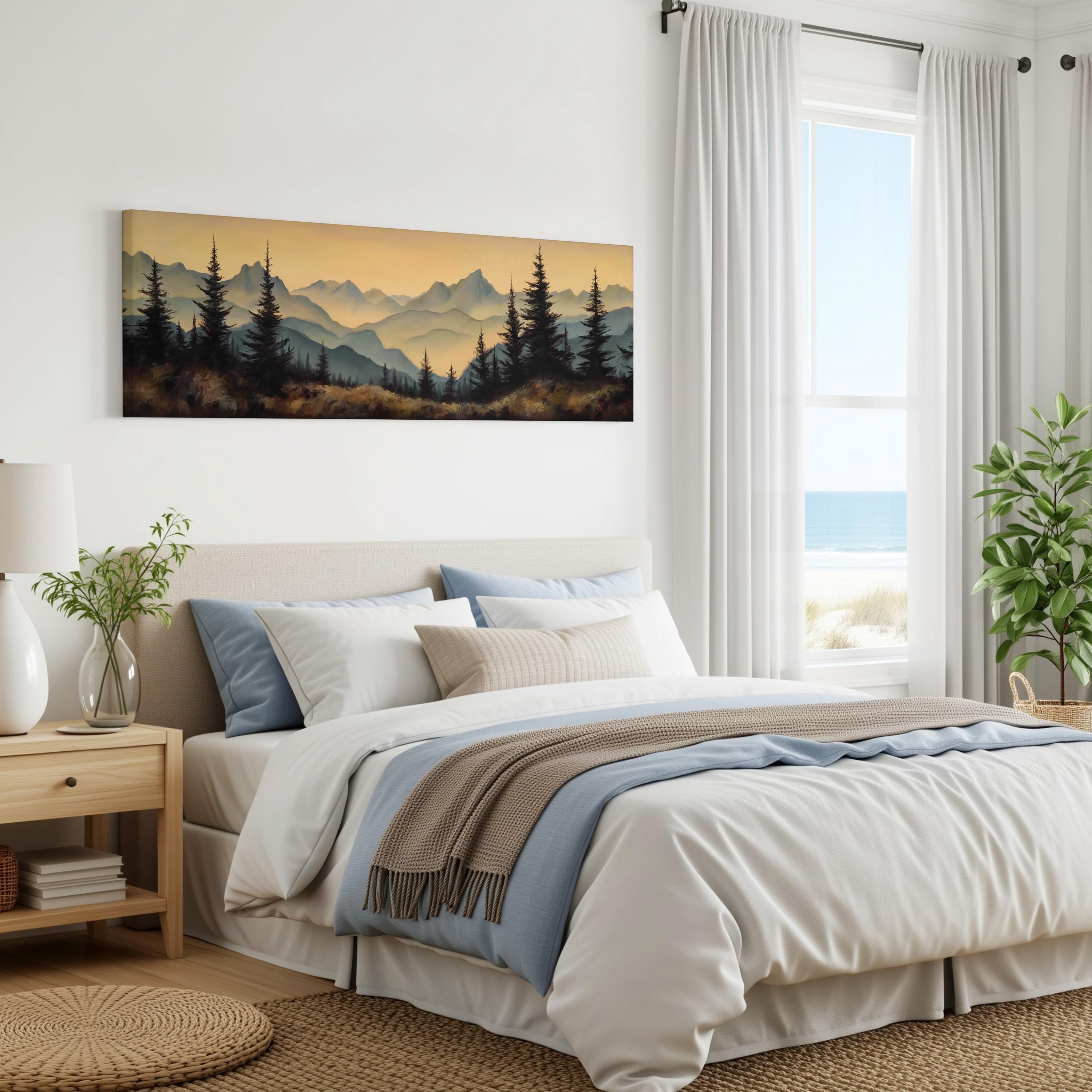 a serene bedroom with a large bed, a nightstand, and a painting of a mountain landscape on the wall.