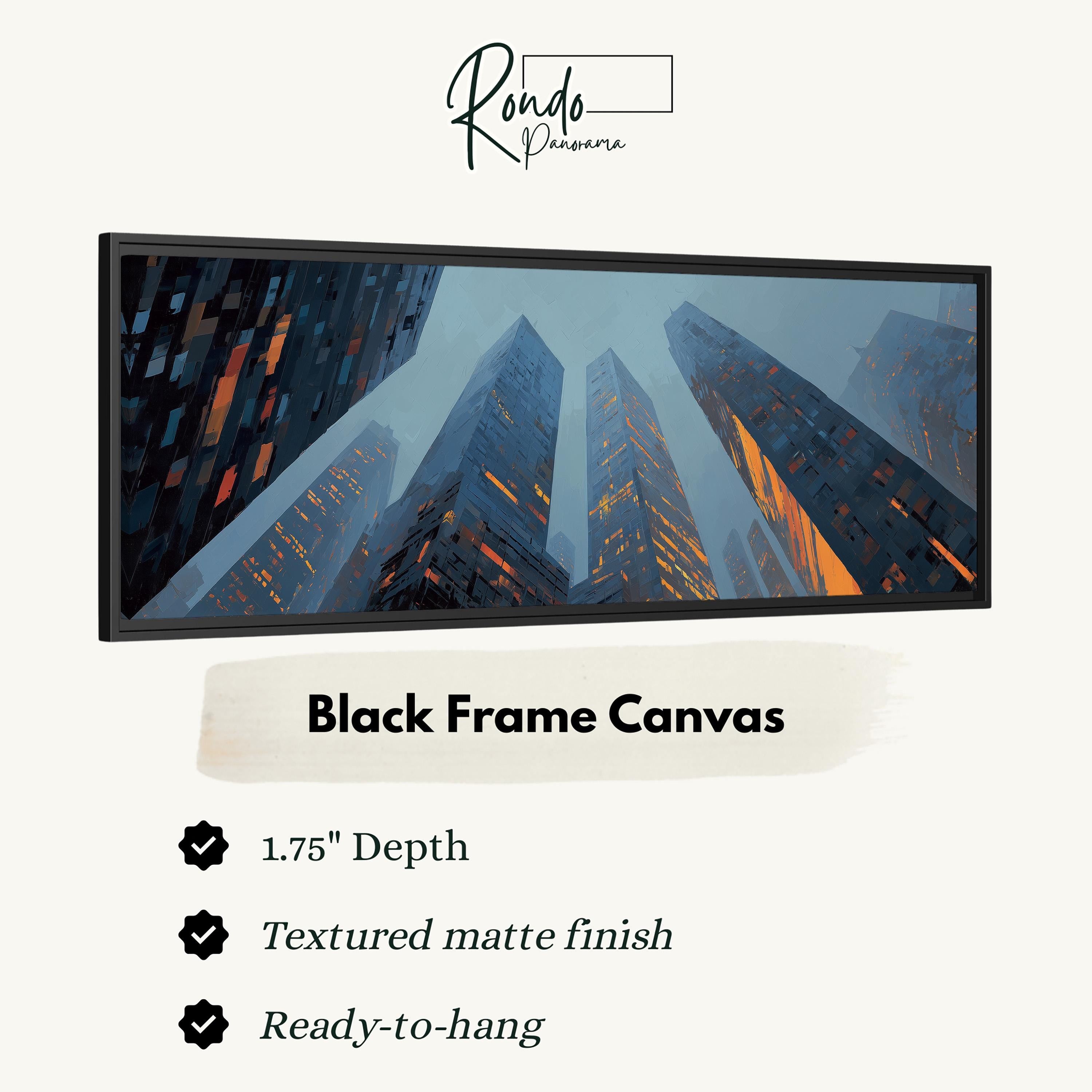 The image is a black frame canvas featuring a cityscape with tall buildings in the background.