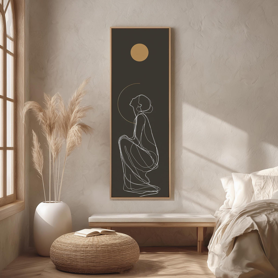 a minimalist bedroom setting with a large abstract drawing of a woman on the wall, a potted plant, a bench, and a woven ottoman.