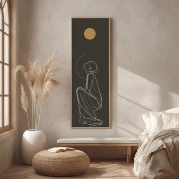 a minimalist bedroom setting with a large abstract drawing of a woman on the wall, a potted plant, a bench, and a woven ottoman.