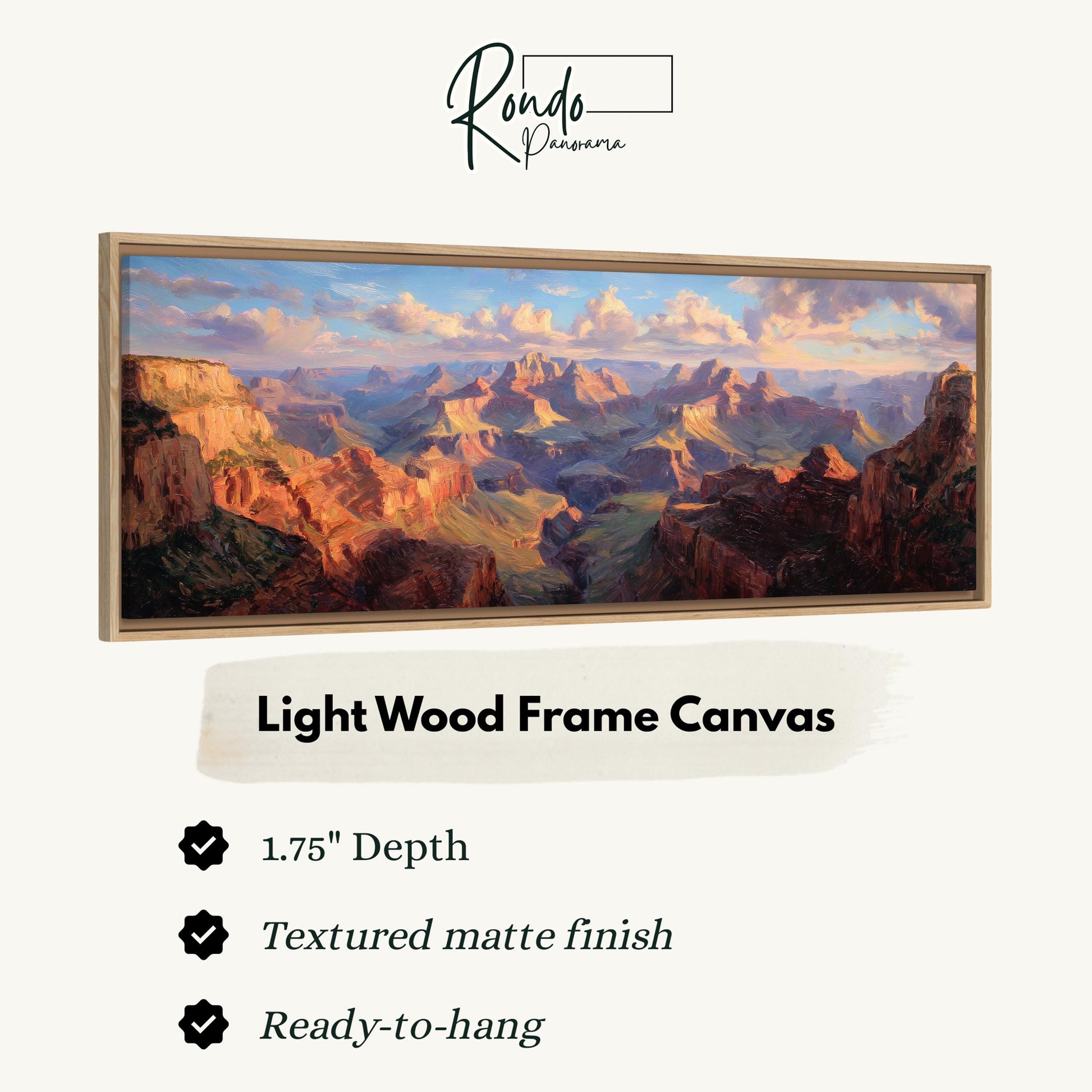The image is a framed painting depicting a scenic landscape with mountains and a valley.