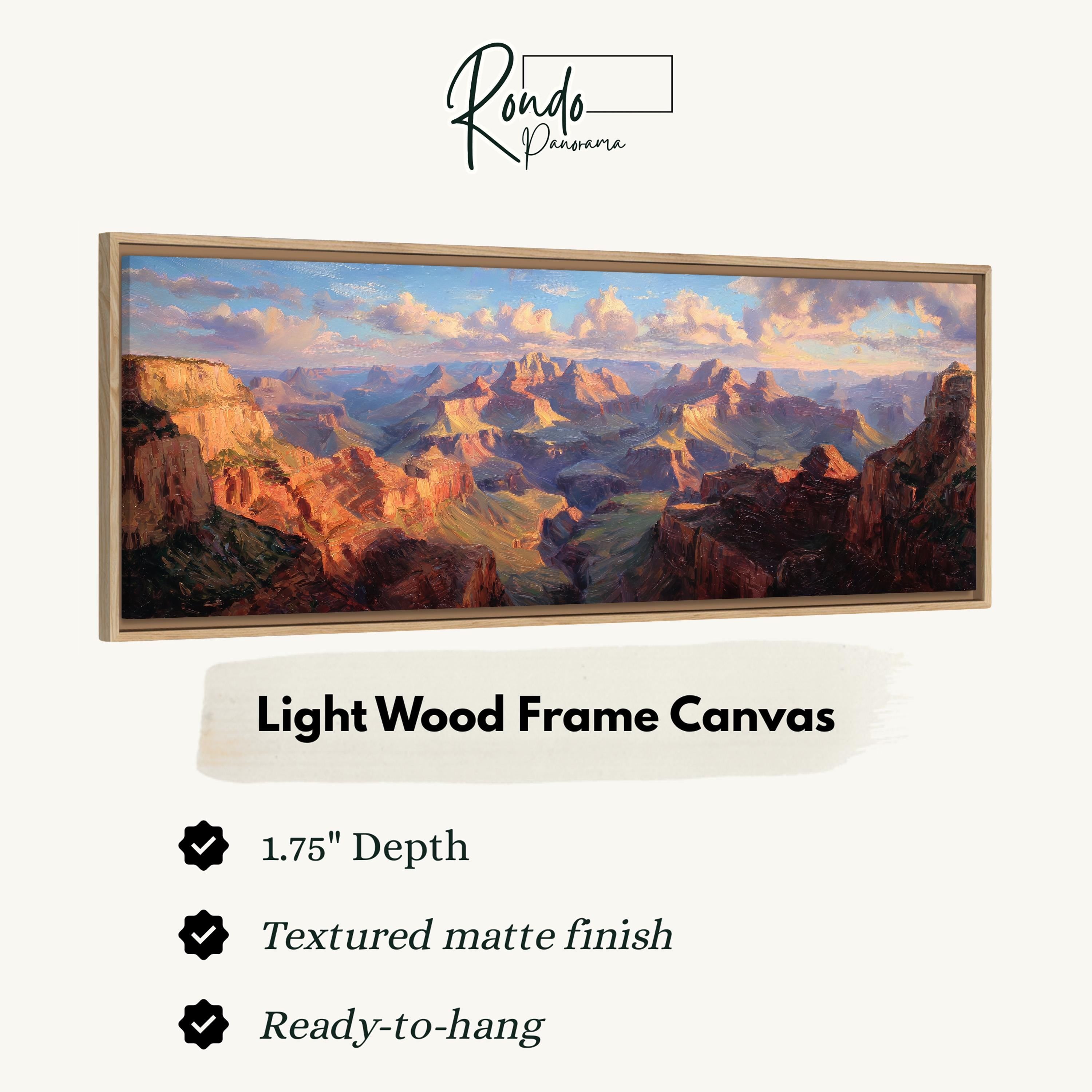The image is a framed painting depicting a scenic landscape with mountains and a valley.