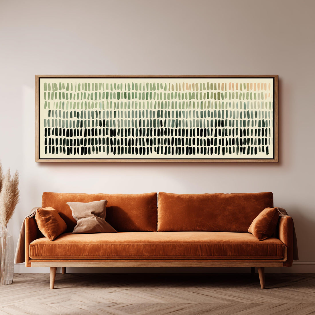 Brushmark dashes fading from sage to charcoal long horizontal canvas print above a sofa in a living room