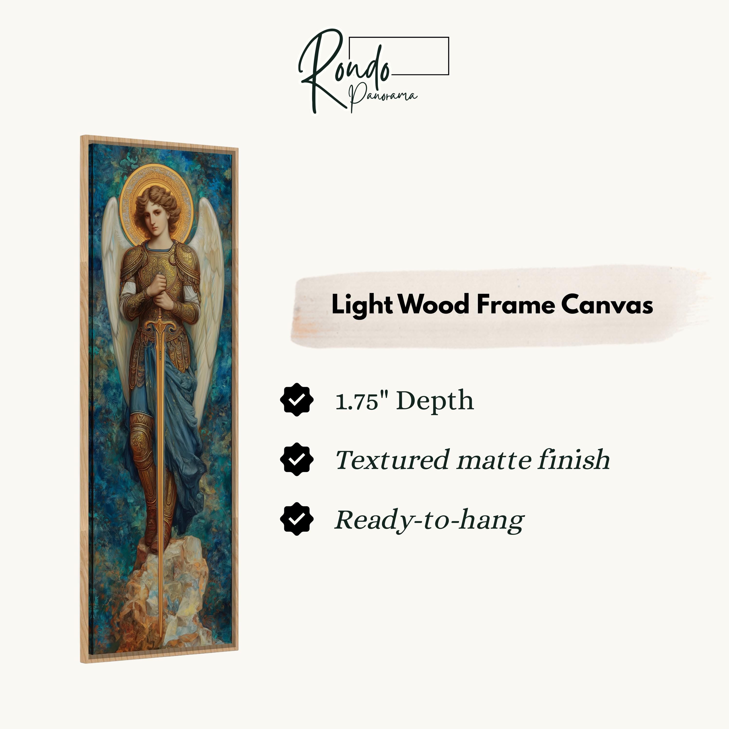 The image is a light wood frame canvas depicting a woman with wings, possibly an angel, standing on a rock.