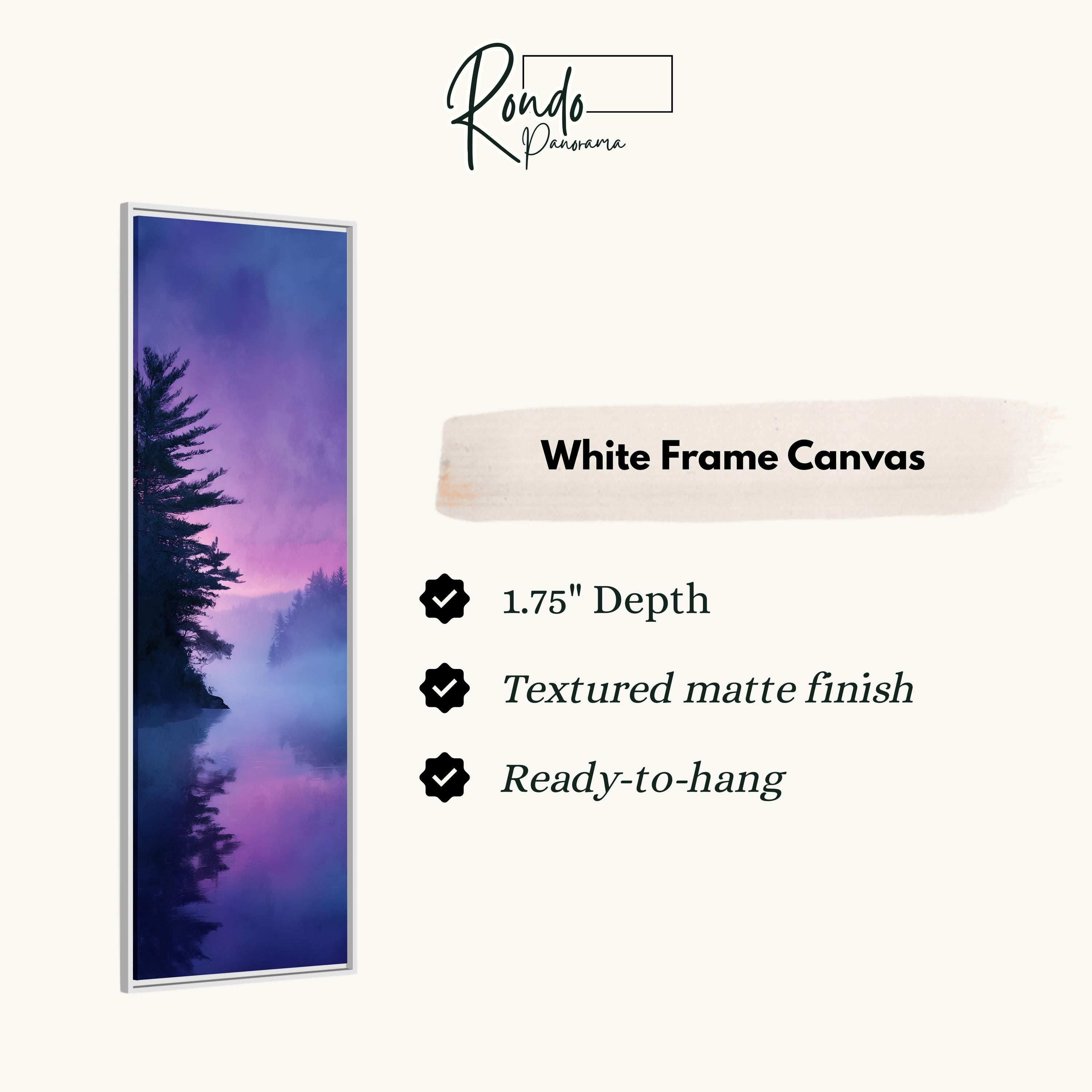 The image is a white frame canvas depicting a serene landscape with a tree and a body of water.