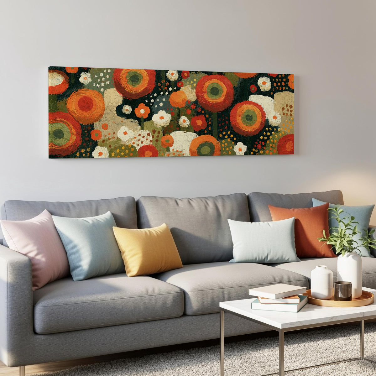 Concentric poppy rings panoramic canvas print above a grey sofa in a living room