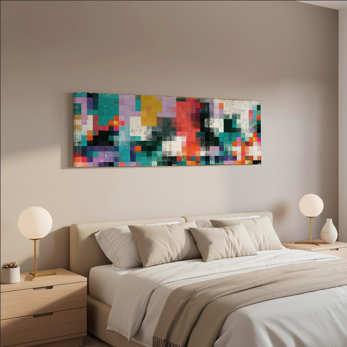 Teal and coral patchwork color blocks wide panoramic canvas print above a bed in a neutral bedroom