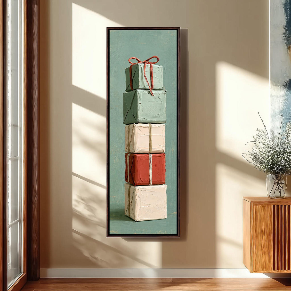 Stack of wrapped gifts with a red bow tall narrow canvas print beside a staircase in an entryway