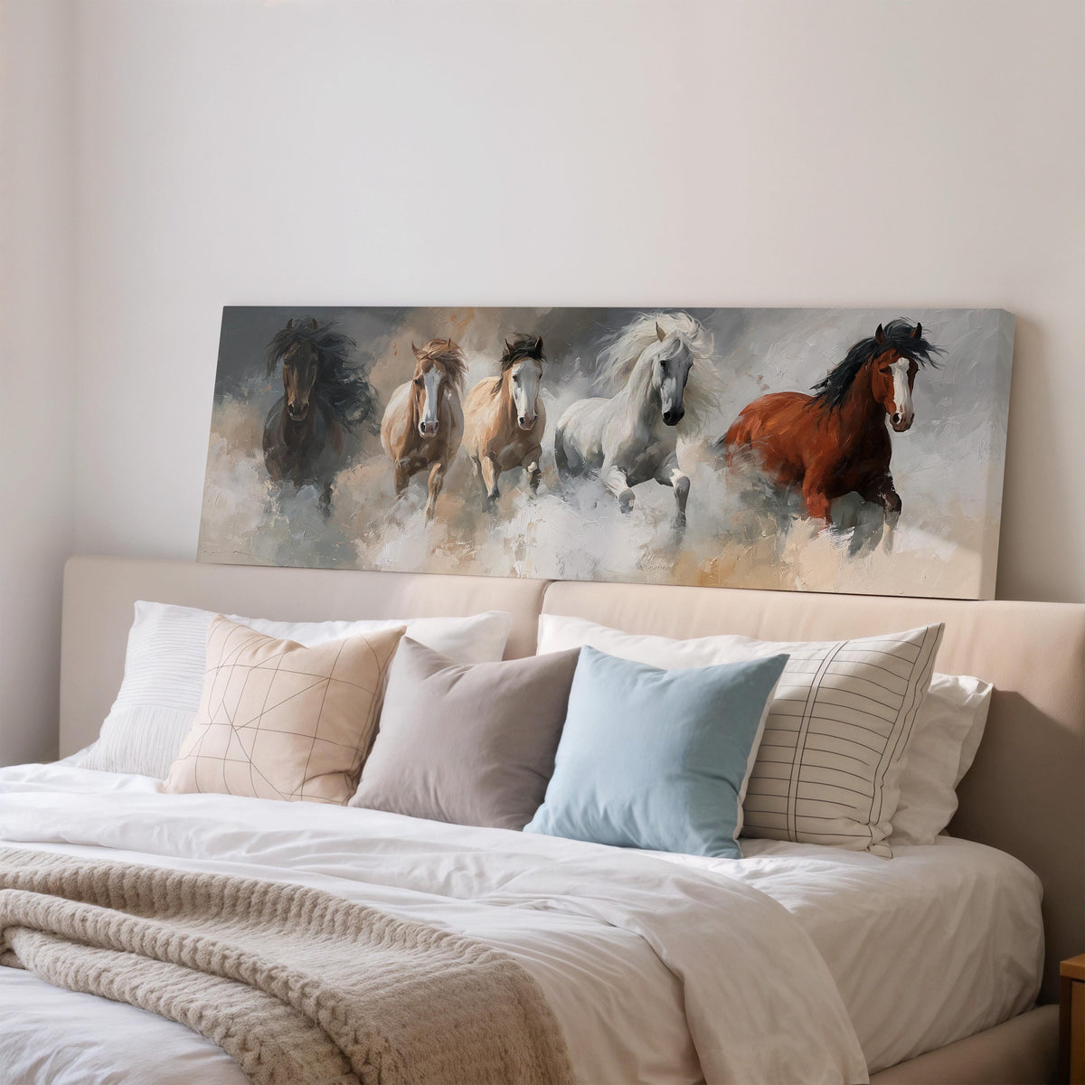Five horses running through smoke wide panoramic canvas print above a bed in a bedroom