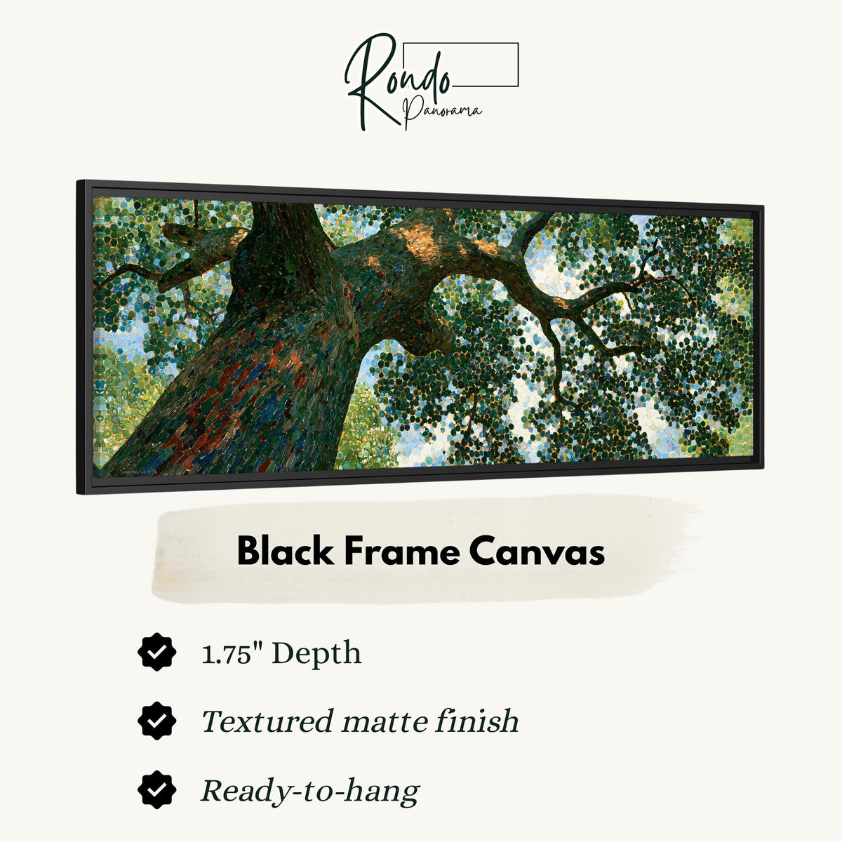 Looking up into an oak canopy canvas print in a black floating frame
