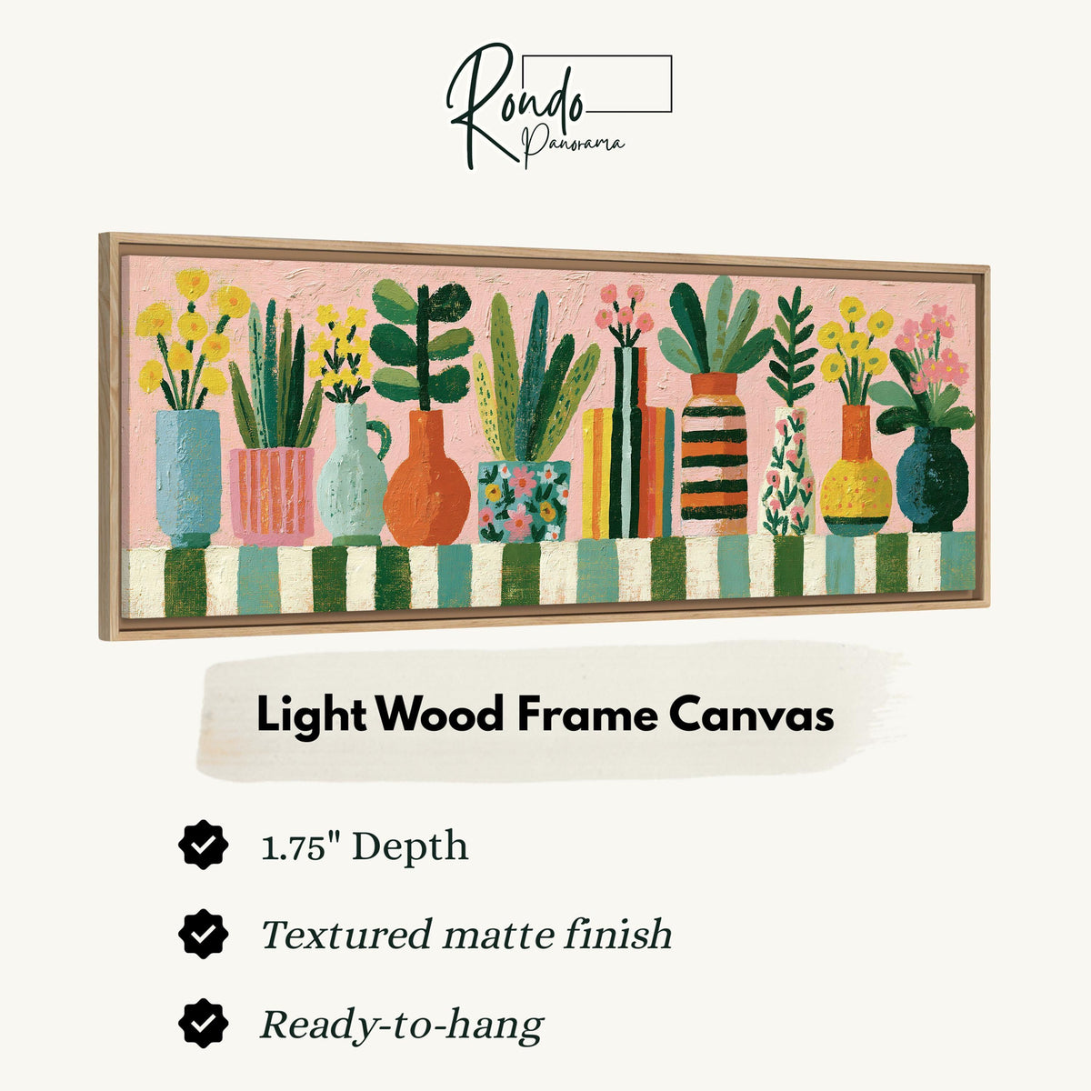 Row of boho potted plants canvas print in a light wood floating frame
