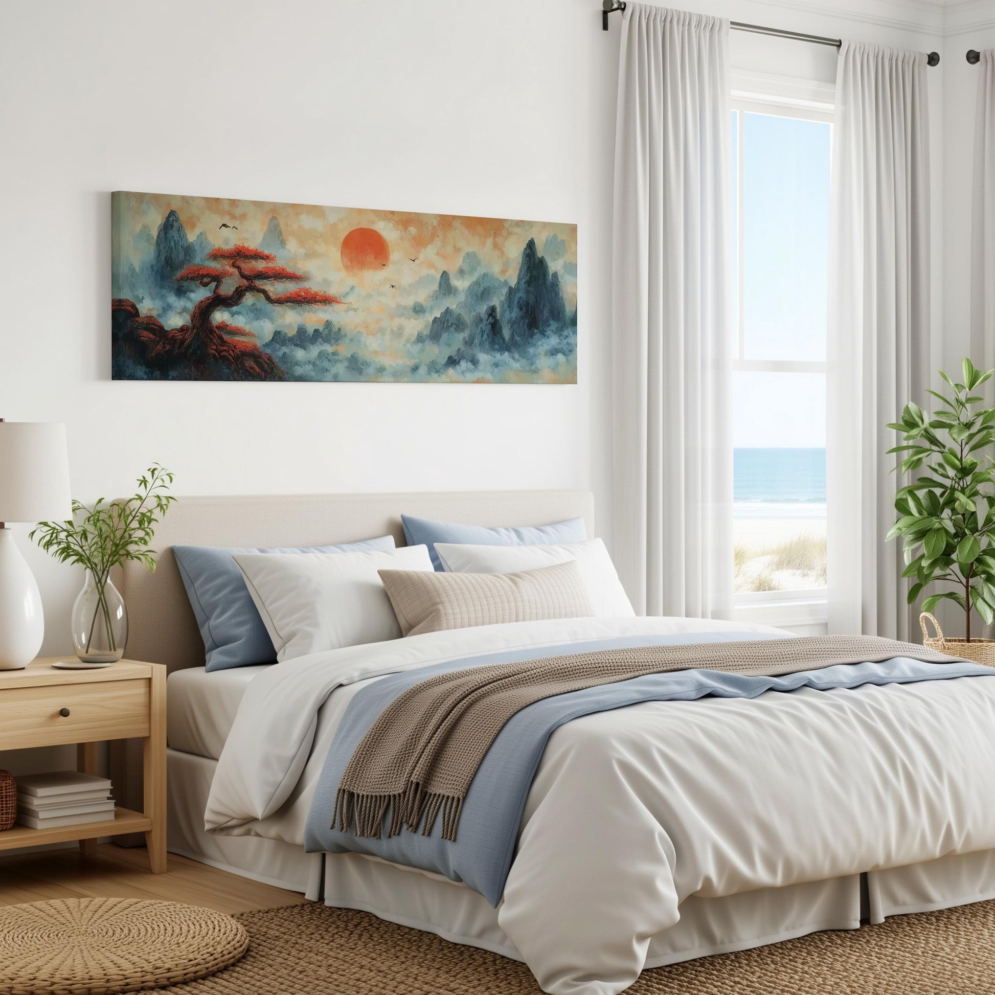 a serene bedroom with a large bed, a painting of a landscape on the wall, and a window overlooking the ocean.