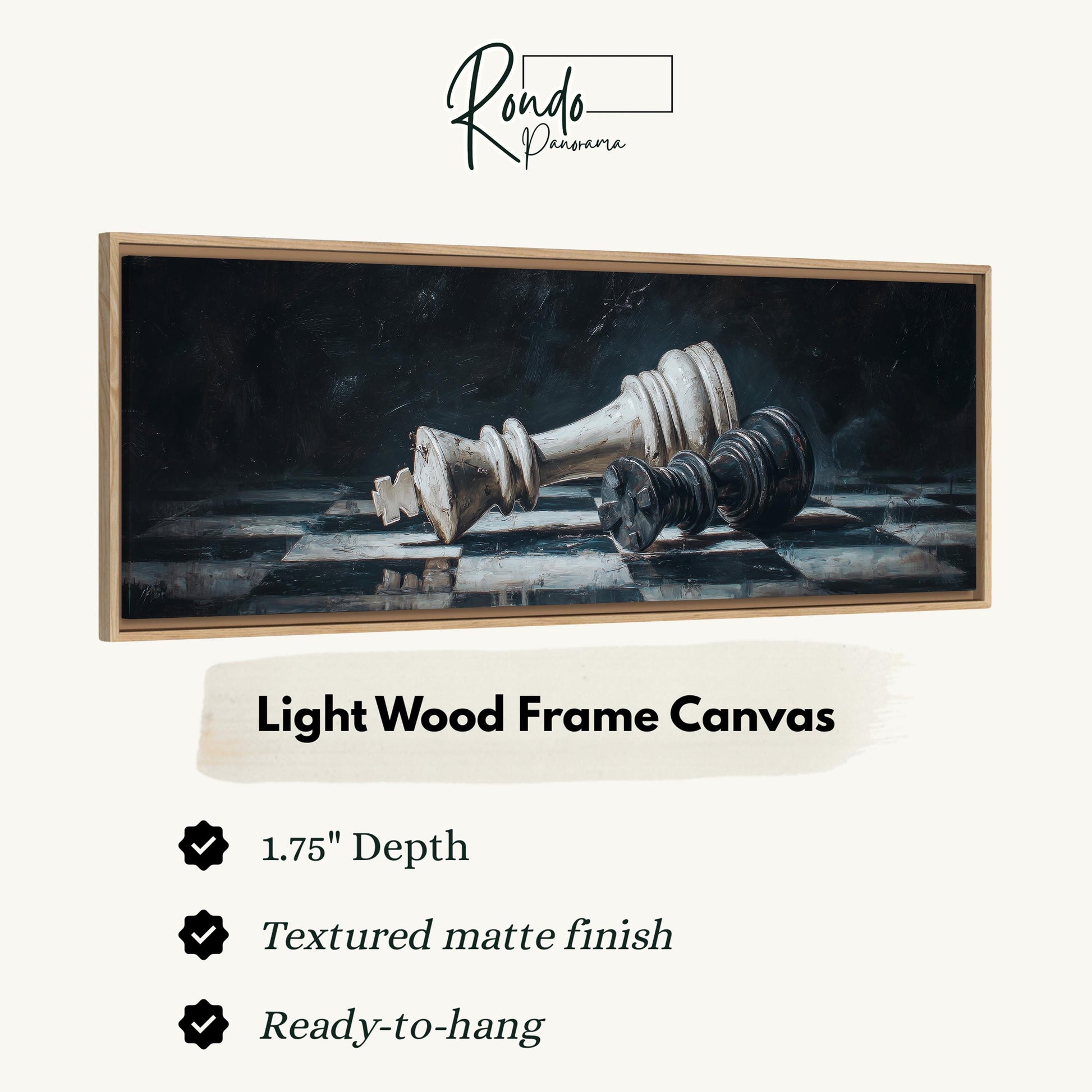 The image is a framed canvas depicting a chess king on a chessboard.