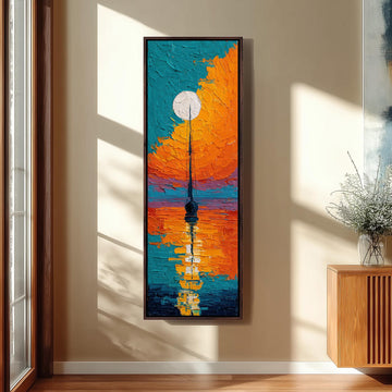 a large, colorful painting of a sailboat on the water, with a bright orange and blue sky in the background.