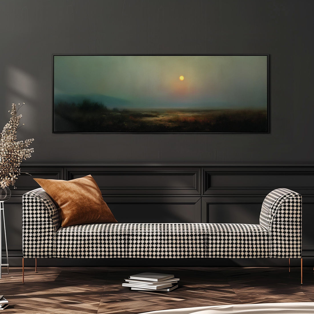 a dining room with a large painting of a landscape hanging on the wall above a wooden dining table with four chairs. The painting depicts a serene landscape with a sunset in the background.