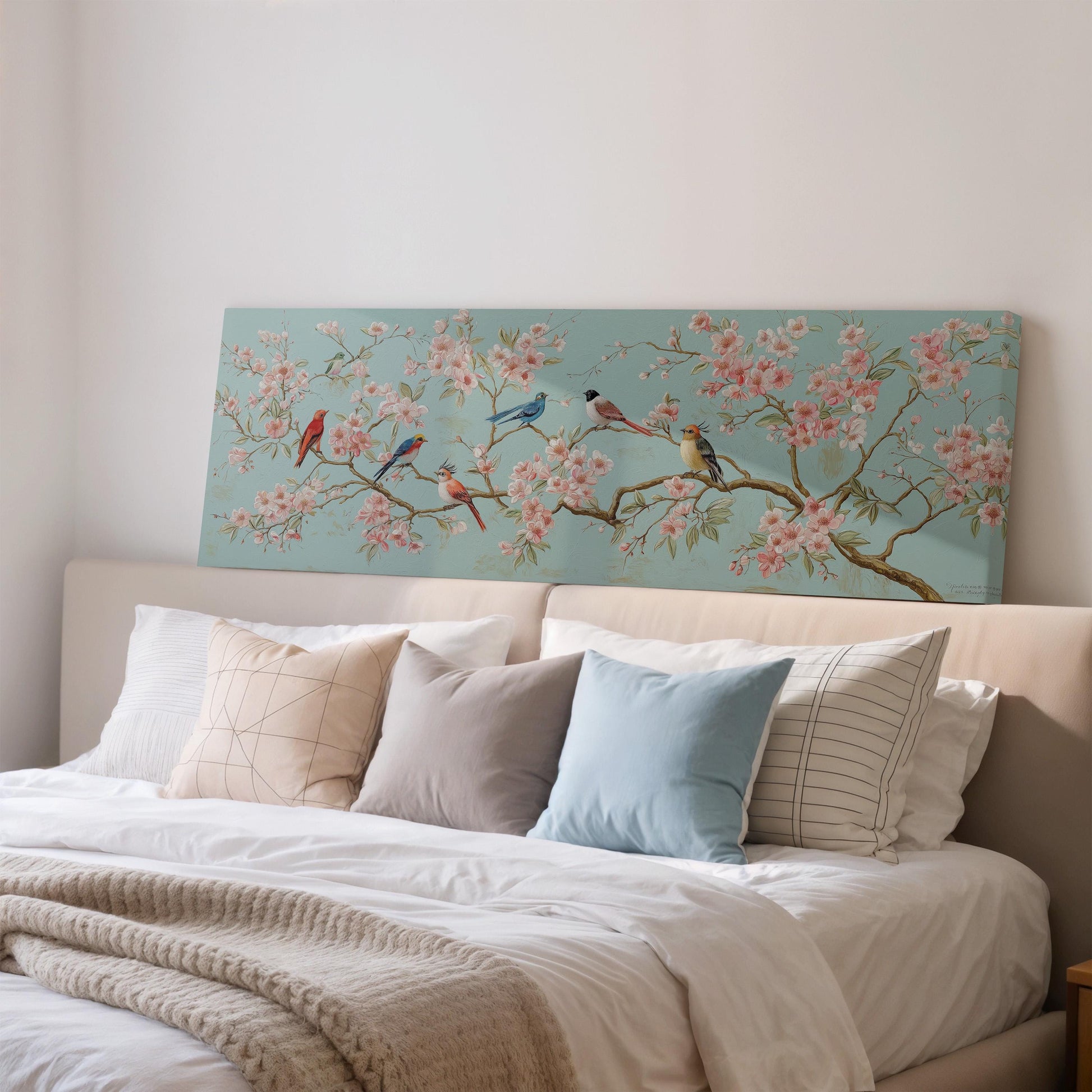 a bedroom with a large bed adorned with white linens and a blue and white floral print on the headboard.