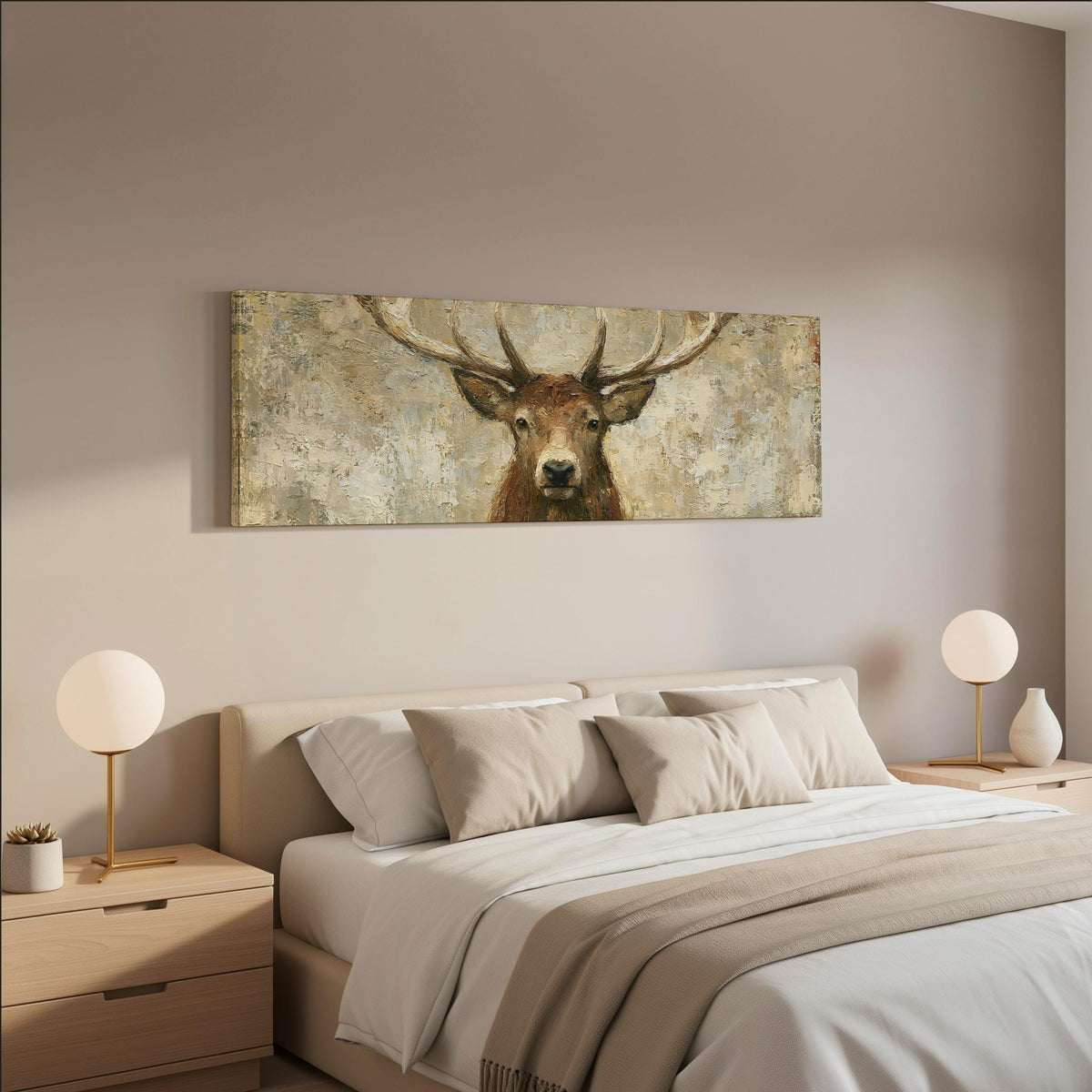 Rustic stag portrait wide panoramic canvas print above a bed in a neutral bedroom